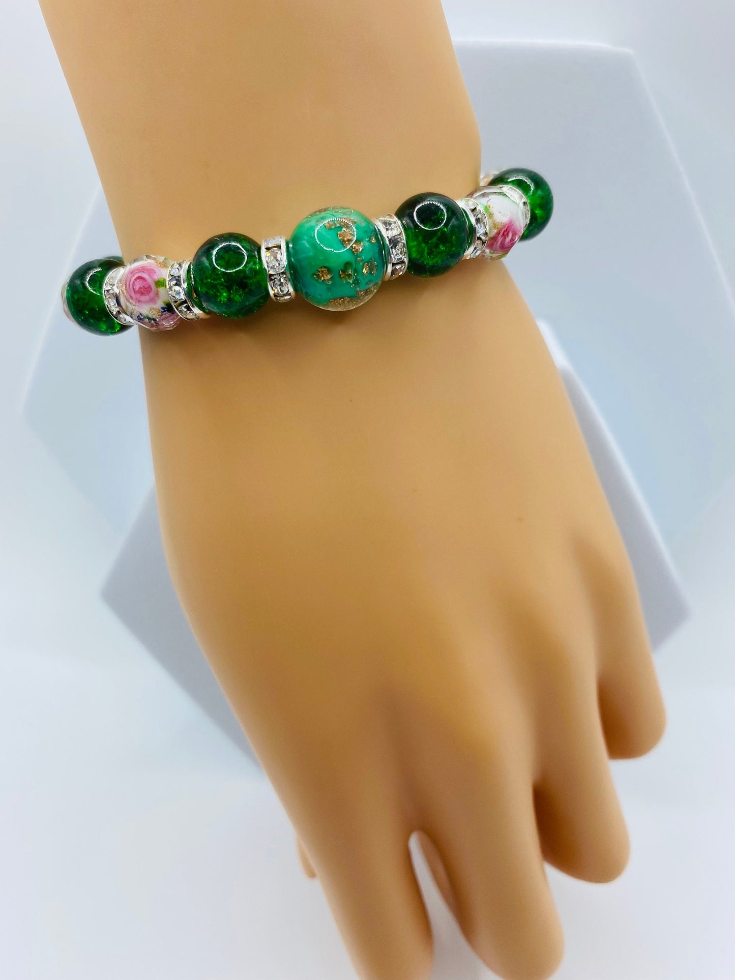 Lampwork Flower Bead Bracelet: Green Crystal, Rhinestone Accent