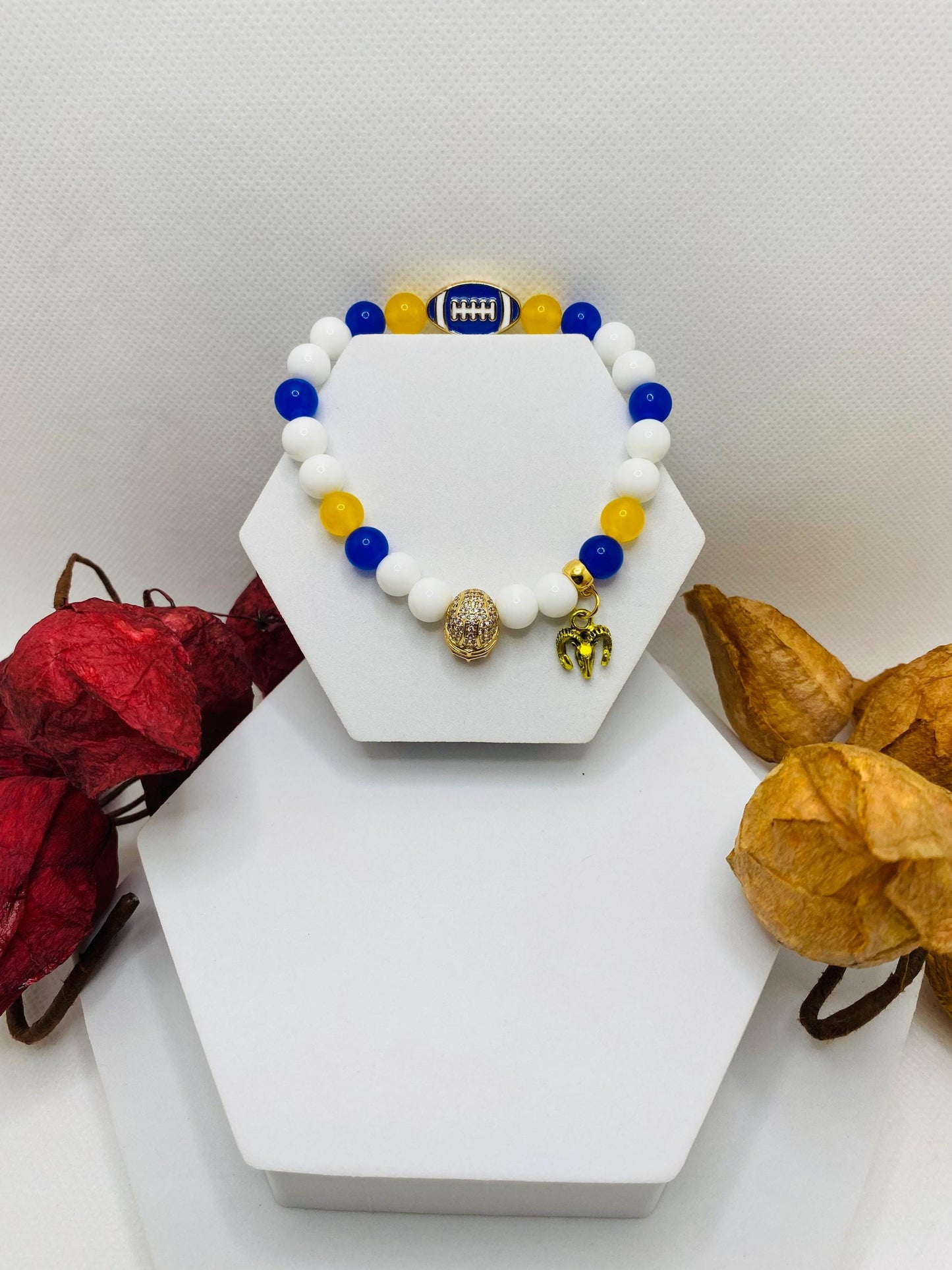 Los Angeles Rams Bracelet: Agate & Kyanite Gemstone Beads, Football Charm