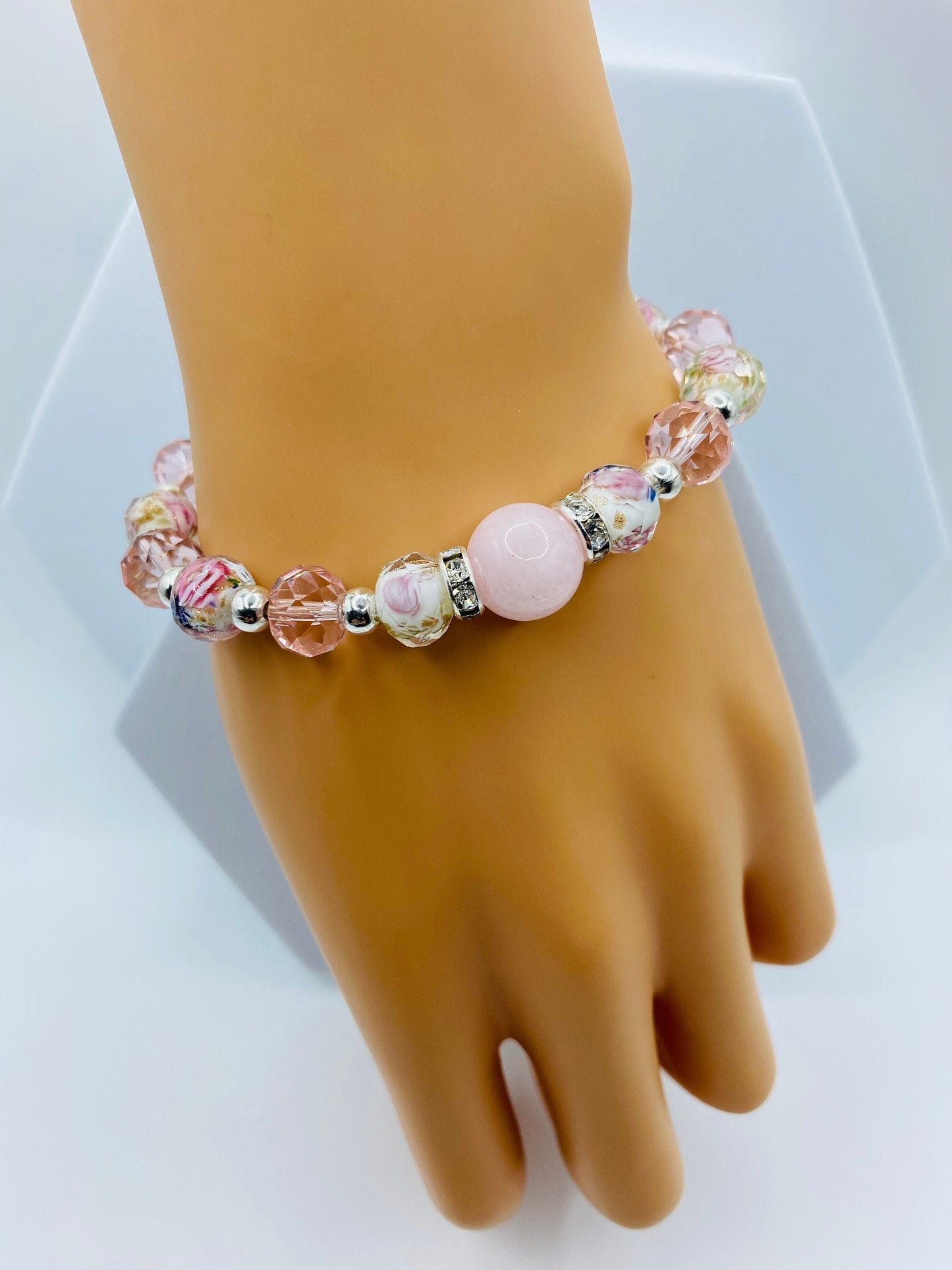 Rose Quartz Bracelet: Lampwork Floral Glass & Pink Crystal Beads