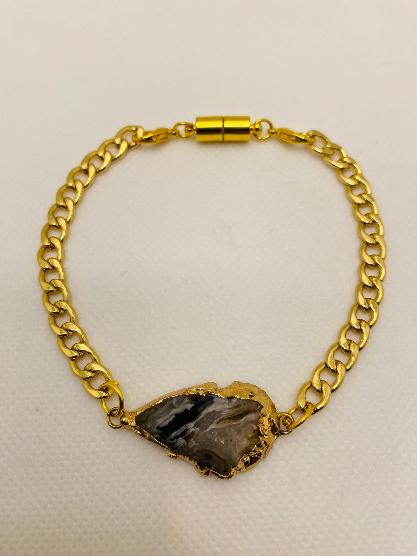 Handmade 18k Gold Plated Cuban Link Bracelet: Geode Agate, Magnetic Clasp