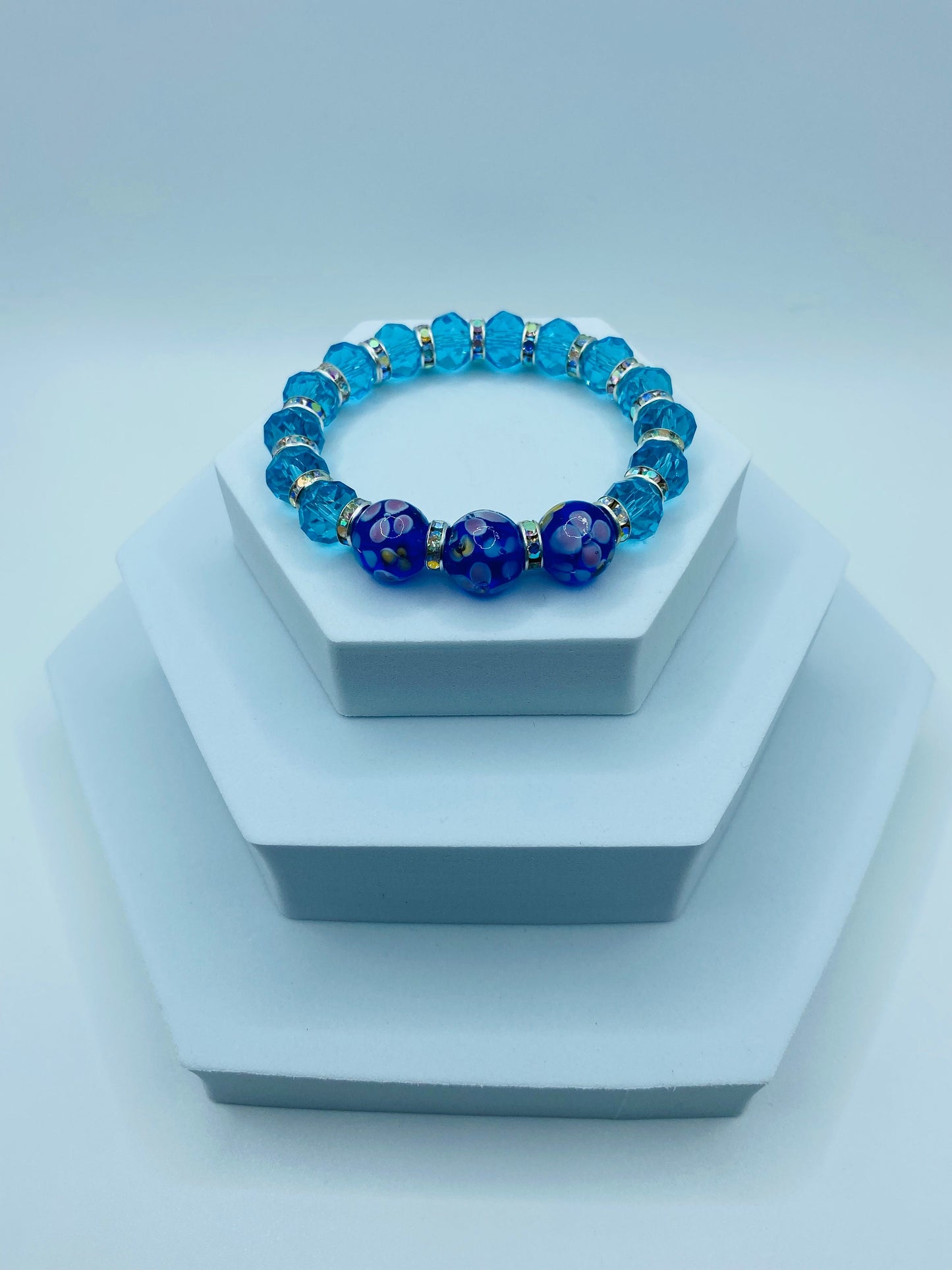 Blue Topaz Crystal Bracelet: Lampwork Floral Glass Beads, Rhinestone Rondelles