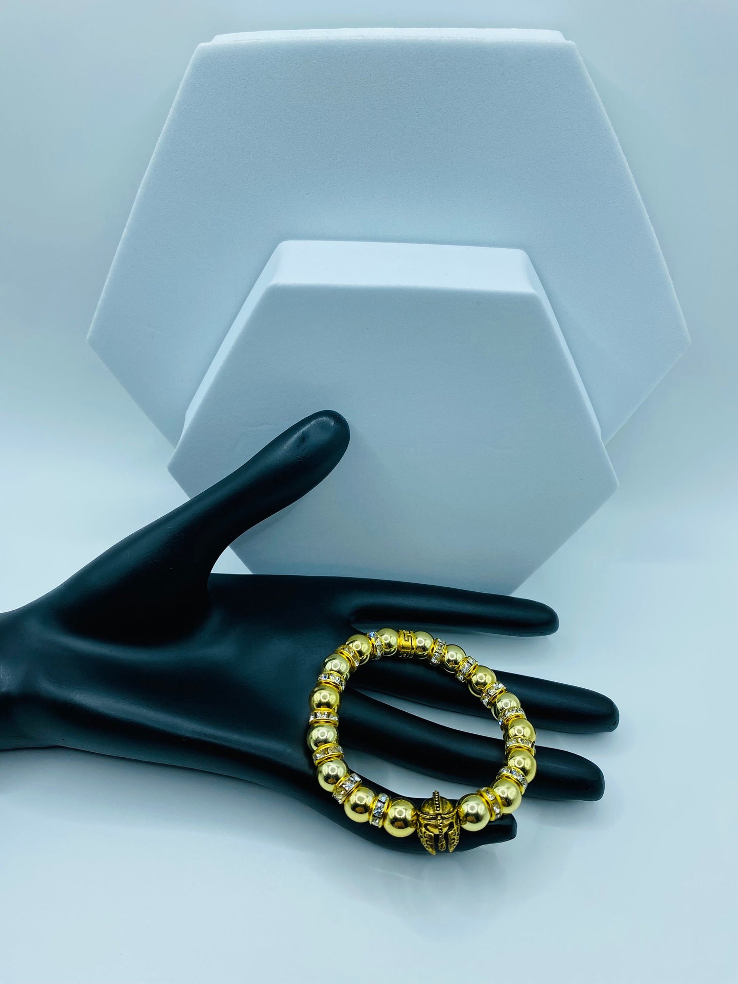 Mens Gold Hematite Bracelet: Spartan Helmet Charm, Rhinestone Rondelle Accents