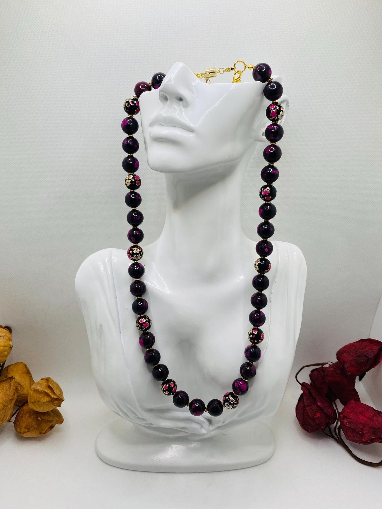Dark Red Jasper Beaded Necklace: Floral Glass & Gold Accents