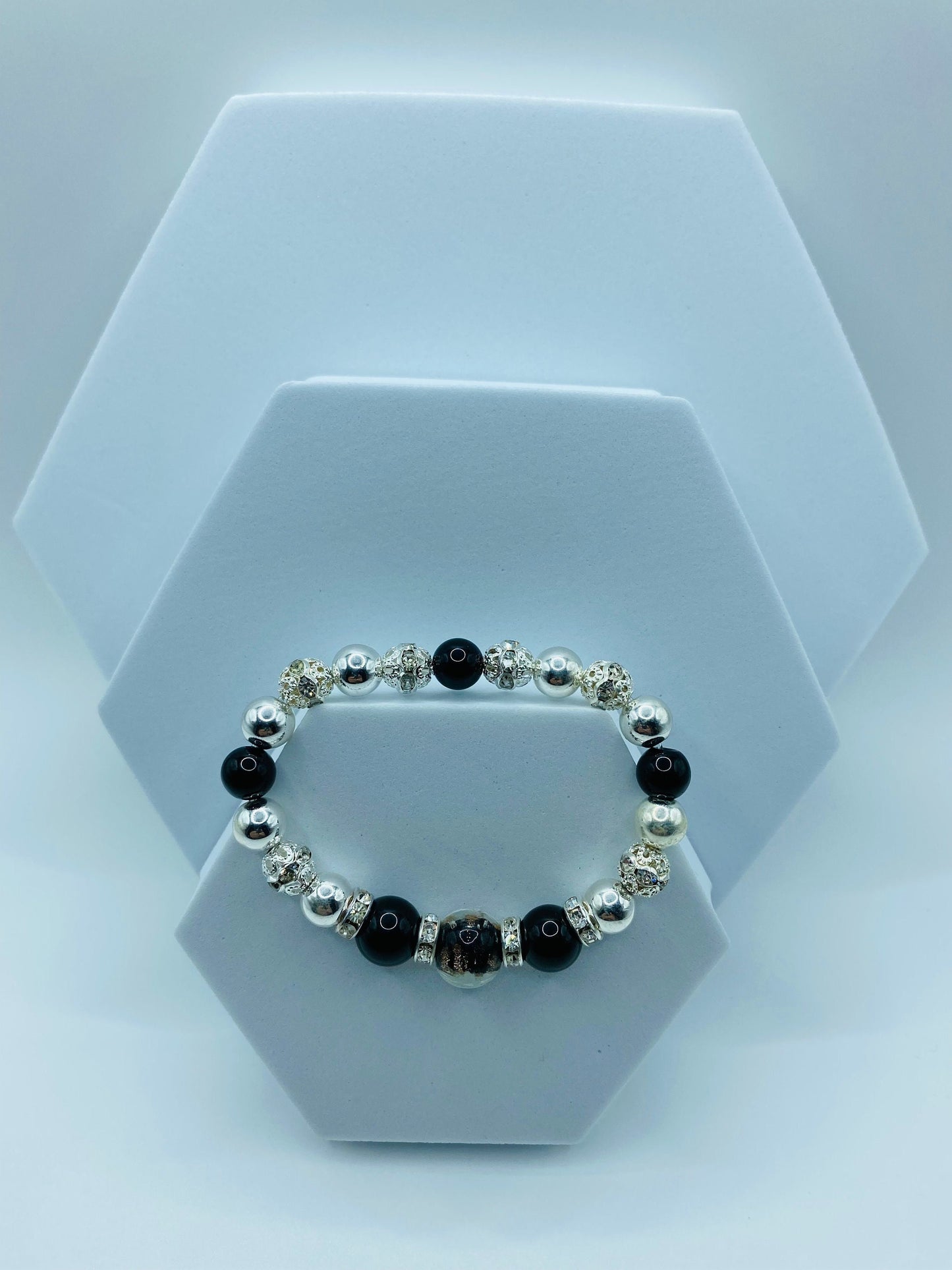 Men's Silver Hematite & Onyx Bracelet with Lampwork Glass Beads