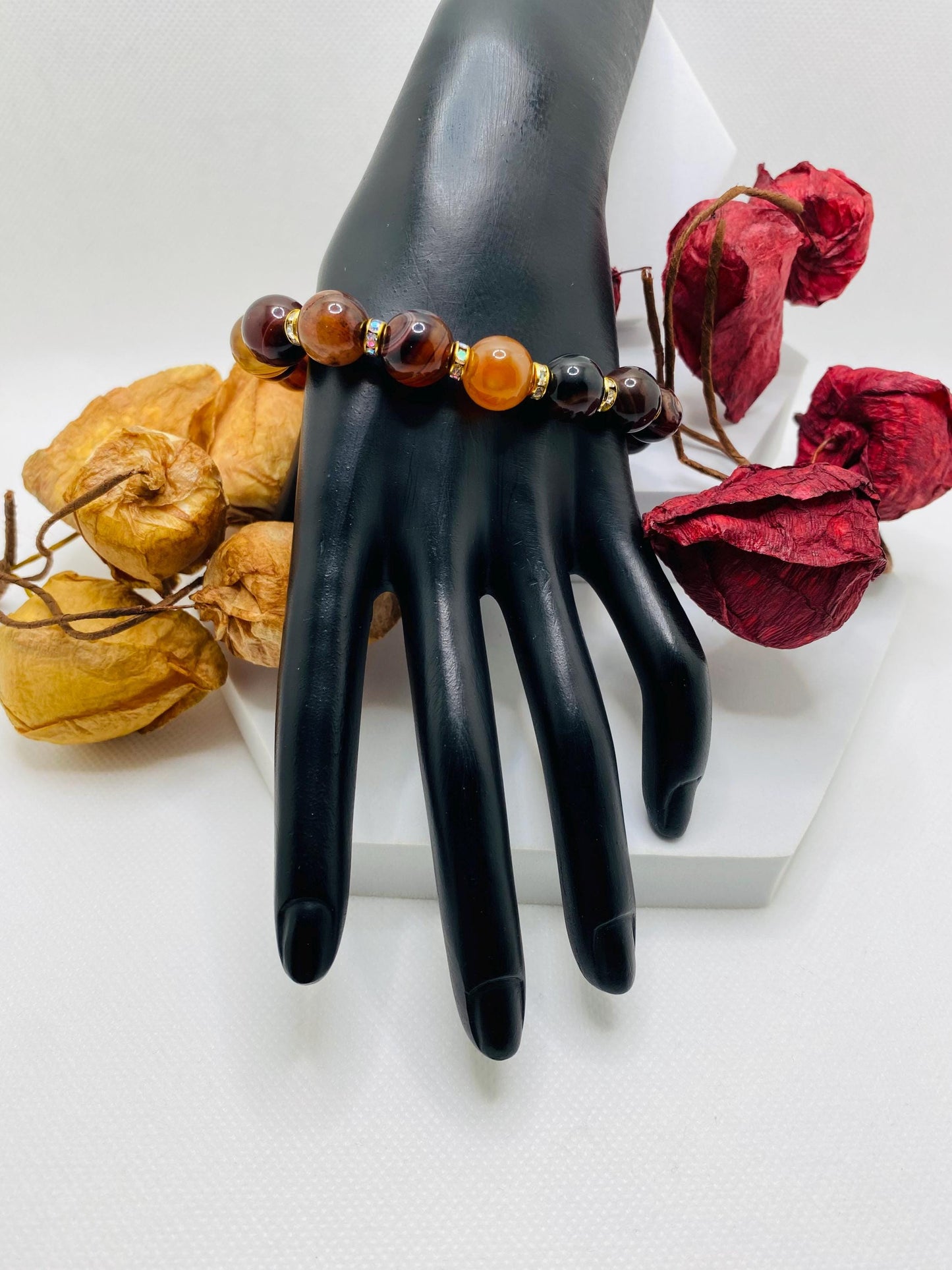 Red Dream Agate Gemstone Bracelet: Chunky Rhinestone Rondelle Jewelry