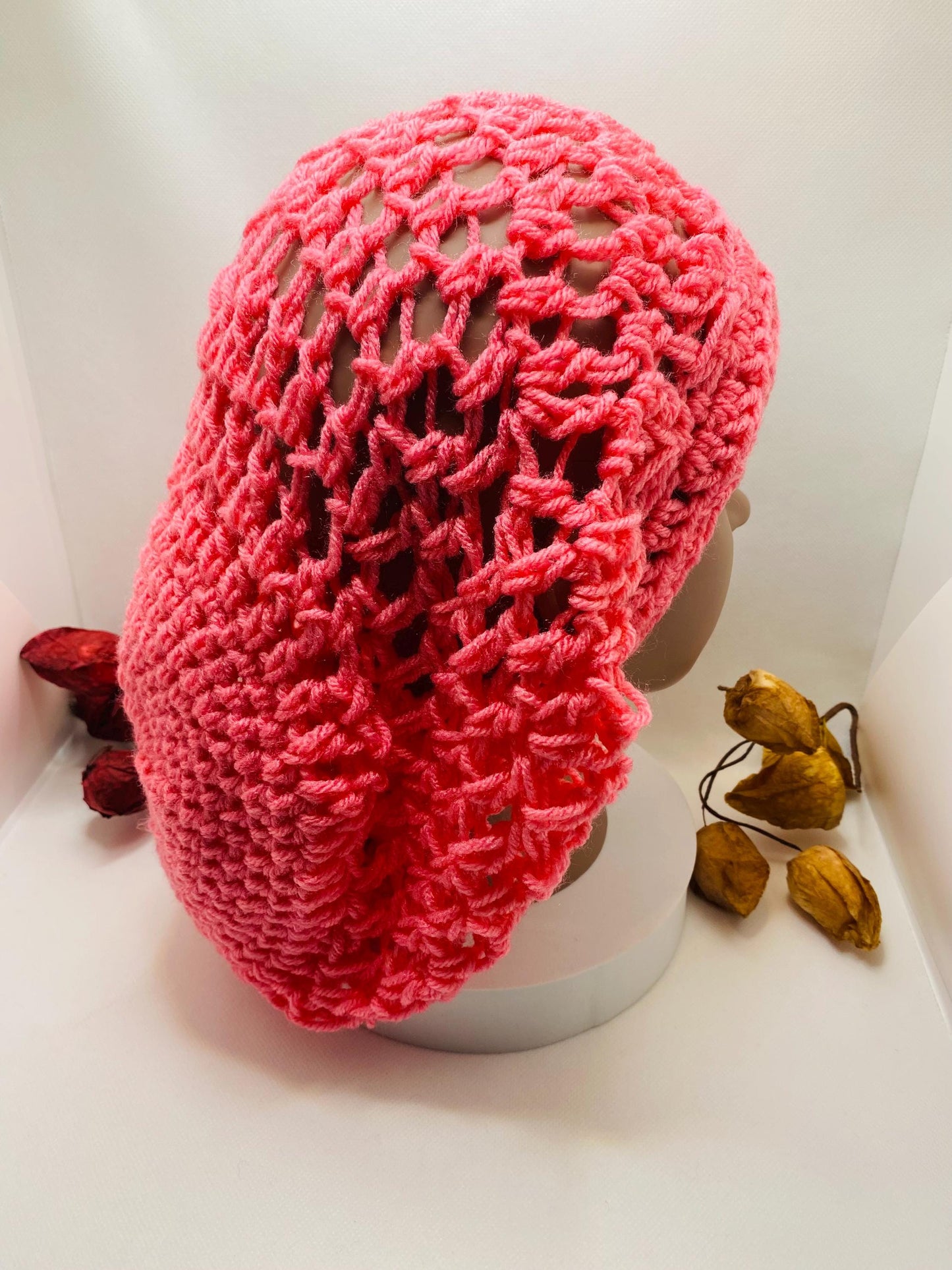 Pink Crochet Slouchy Beanie: Handmade Acrylic Dreadlock Hat