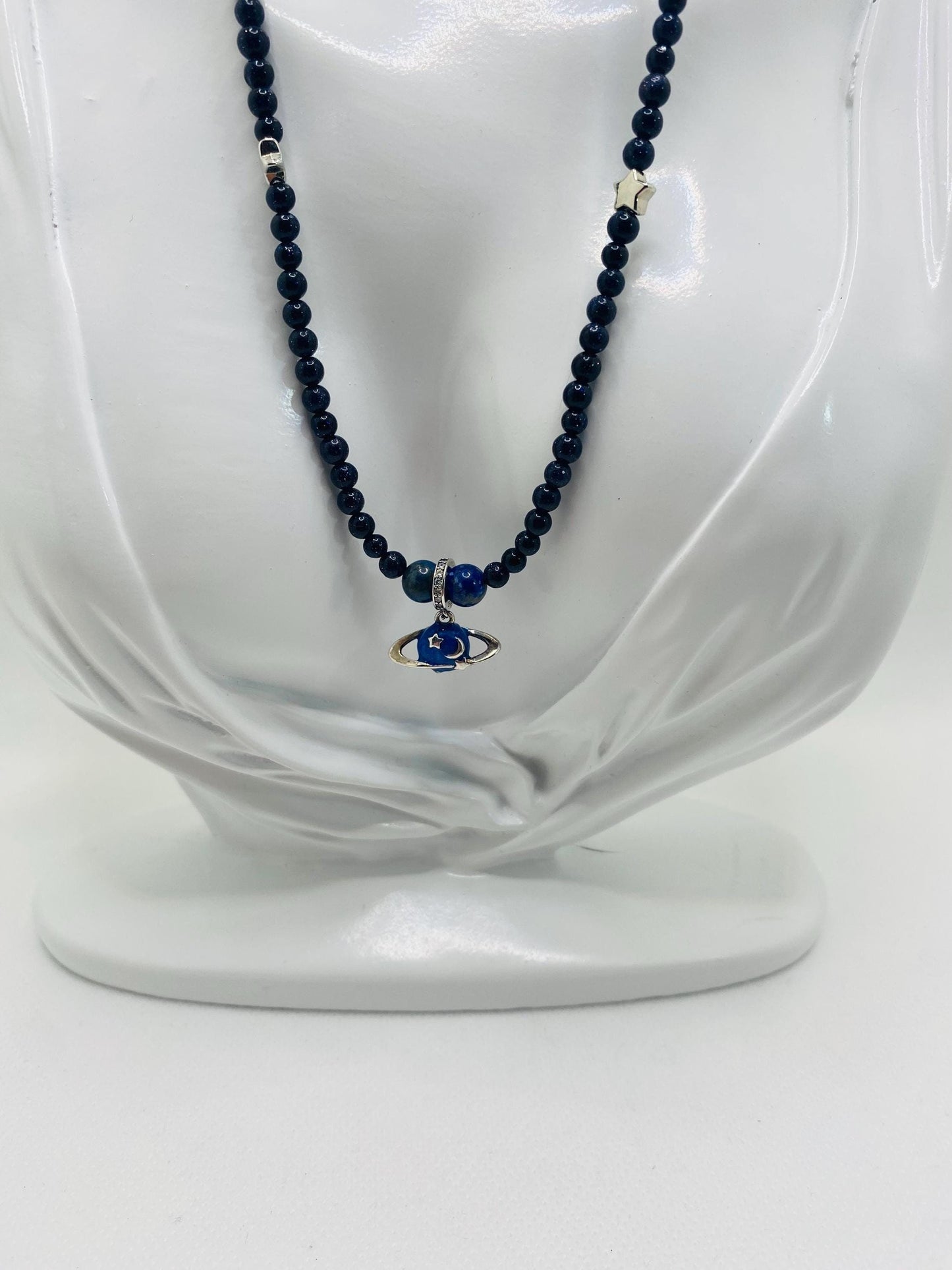 Saturn Necklace: Blue Goldstone Celestial Jewelry