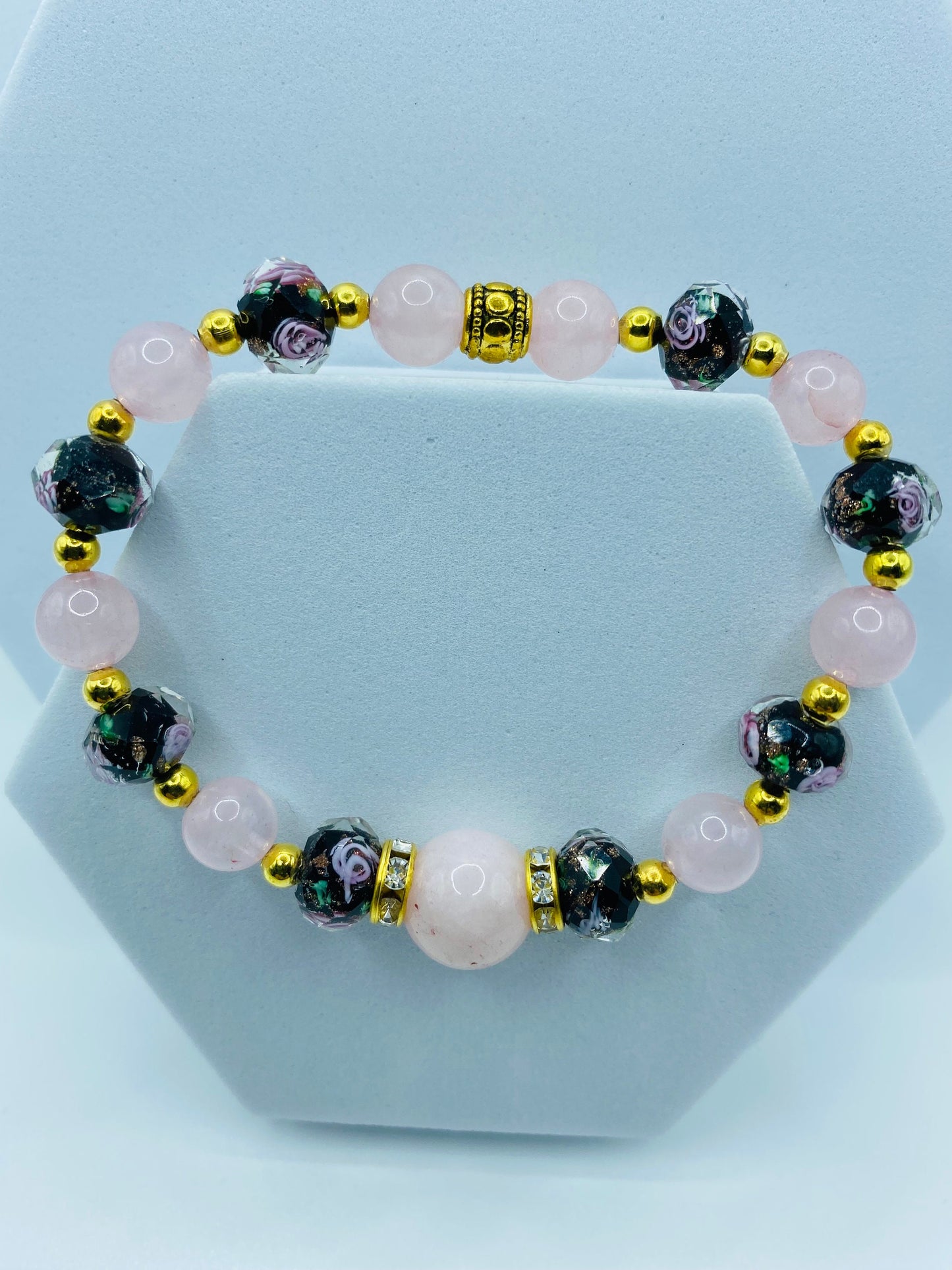 Rose Quartz Bracelet: Lampwork Flower Glass & Gold-Plated Hematite Beads