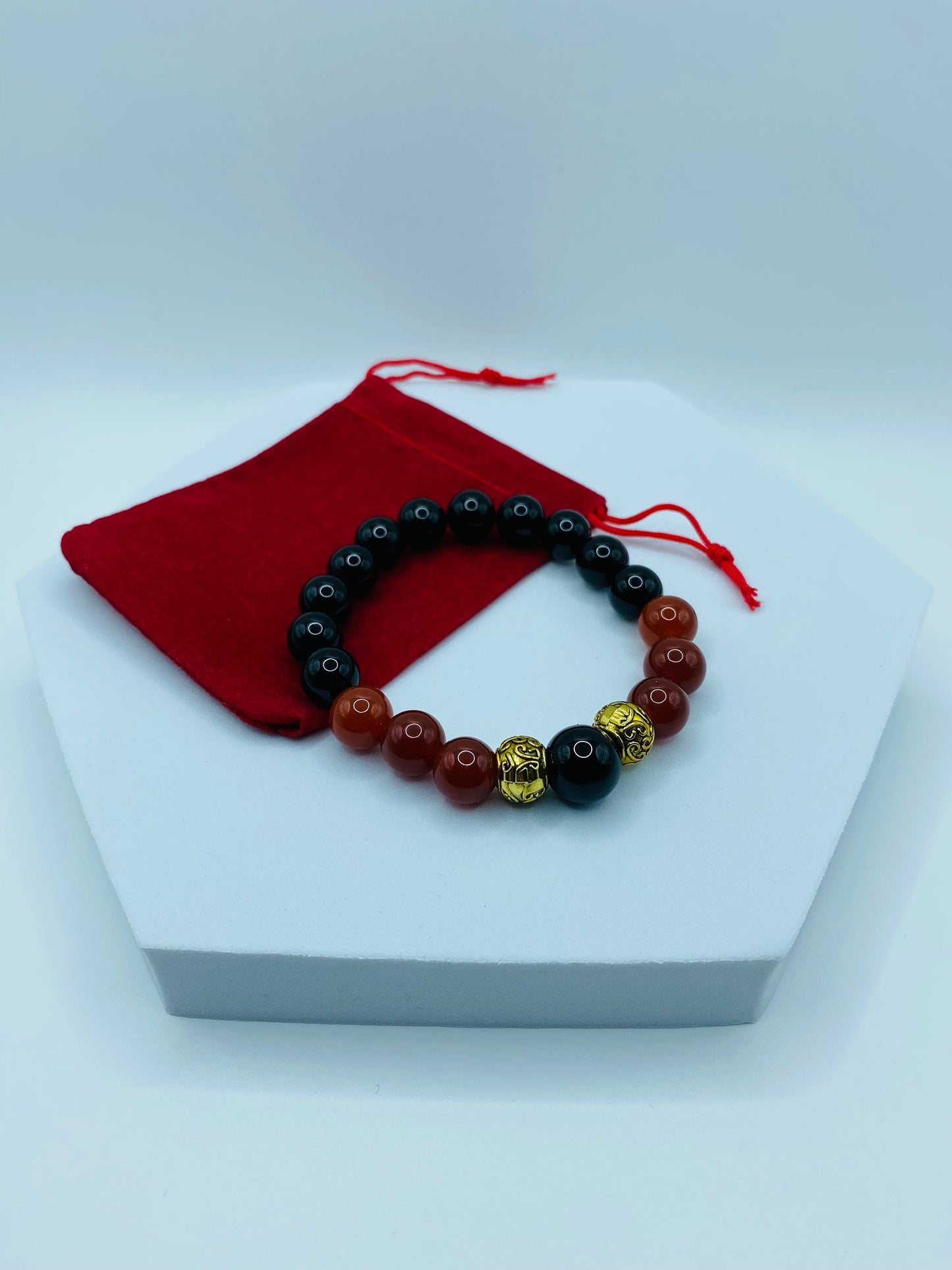 Black Onyx & Red Carnelian Beaded Bracelet - Tibetan Spacer Beads