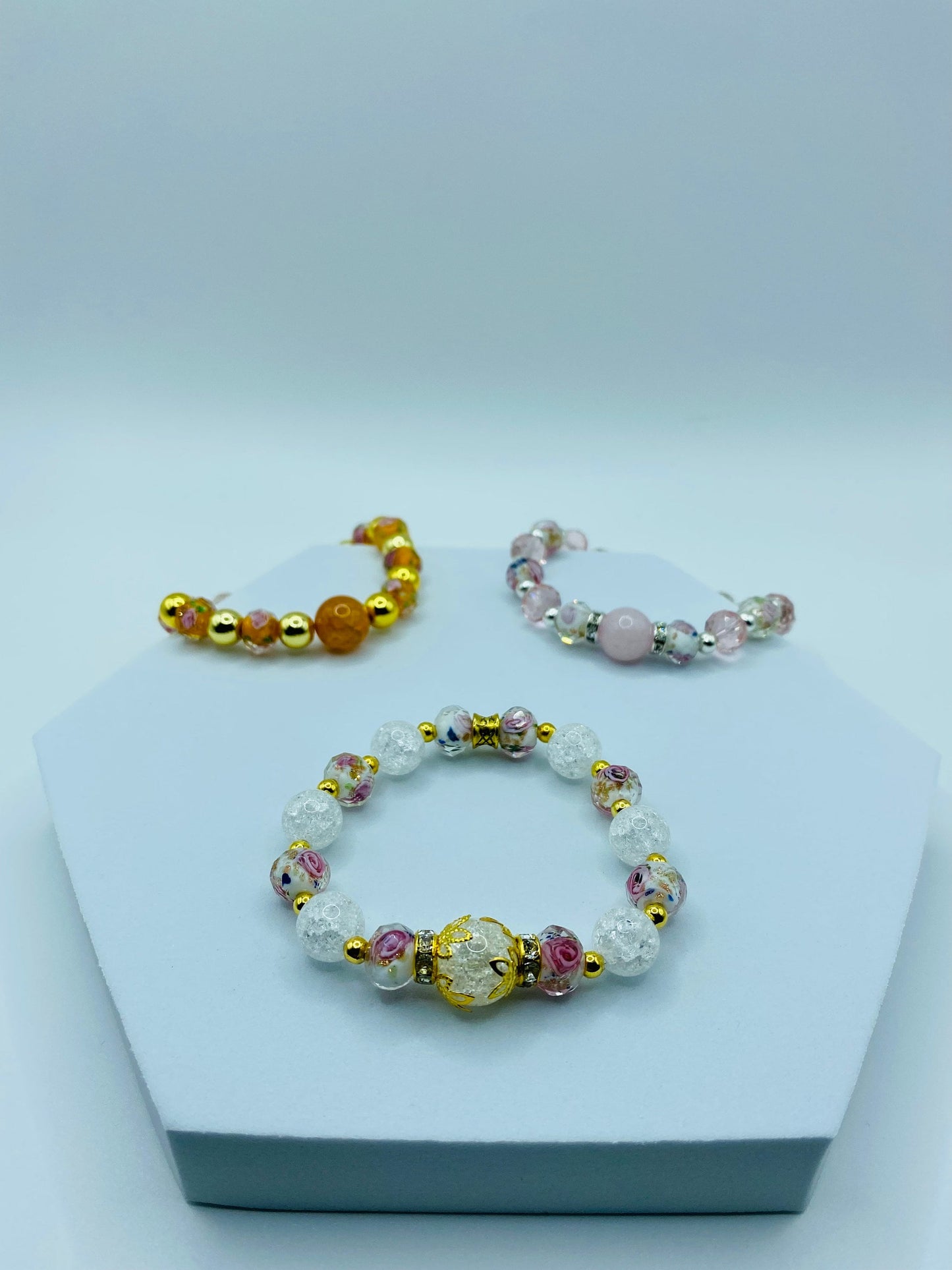Quartz Crystal Bracelet: Lampwork Floral Glass & 18k Gold Hematite Beads