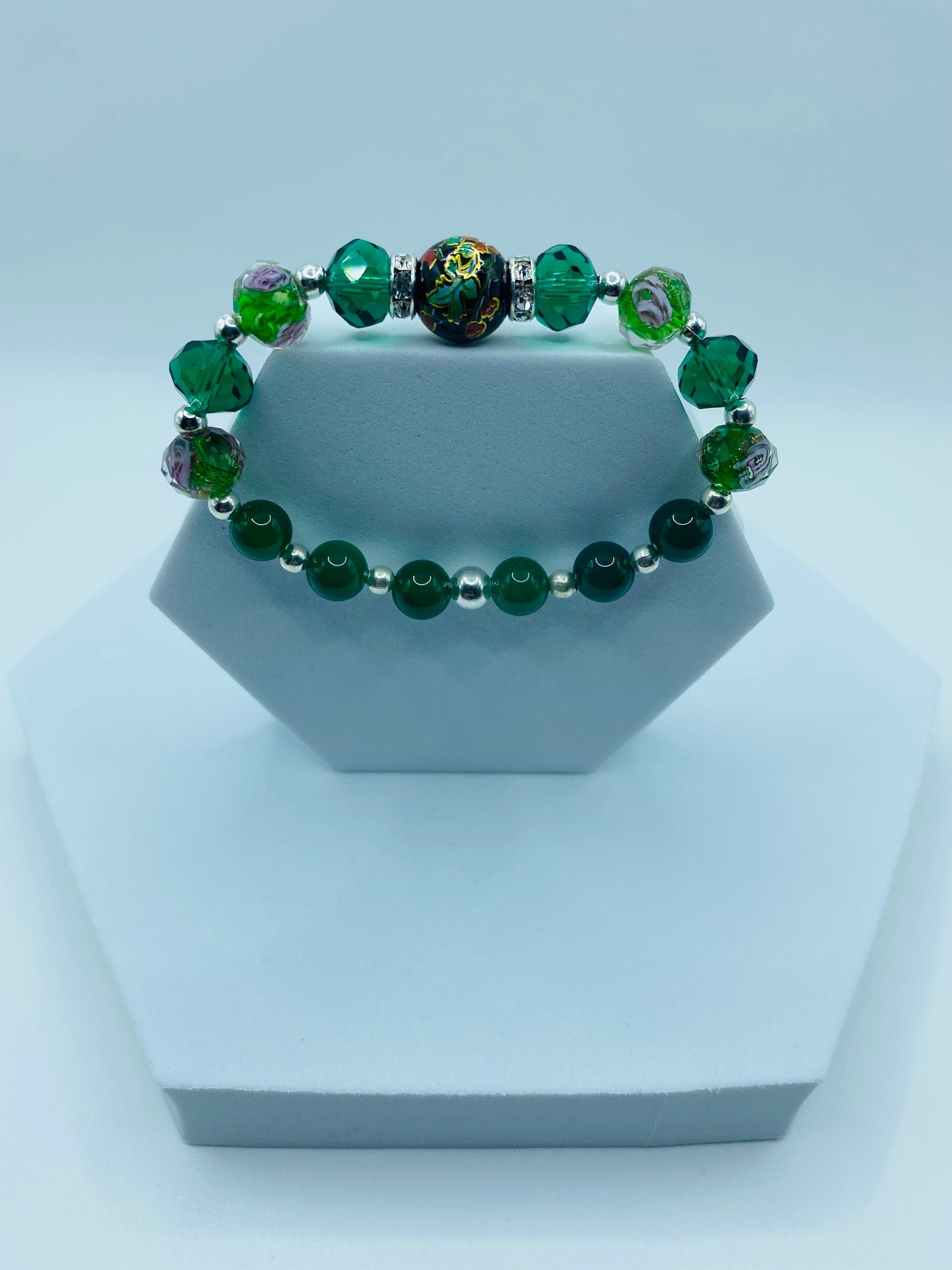 Jade Bracelet: Lampwork Floral Glass Beads & Hematite Gemstones