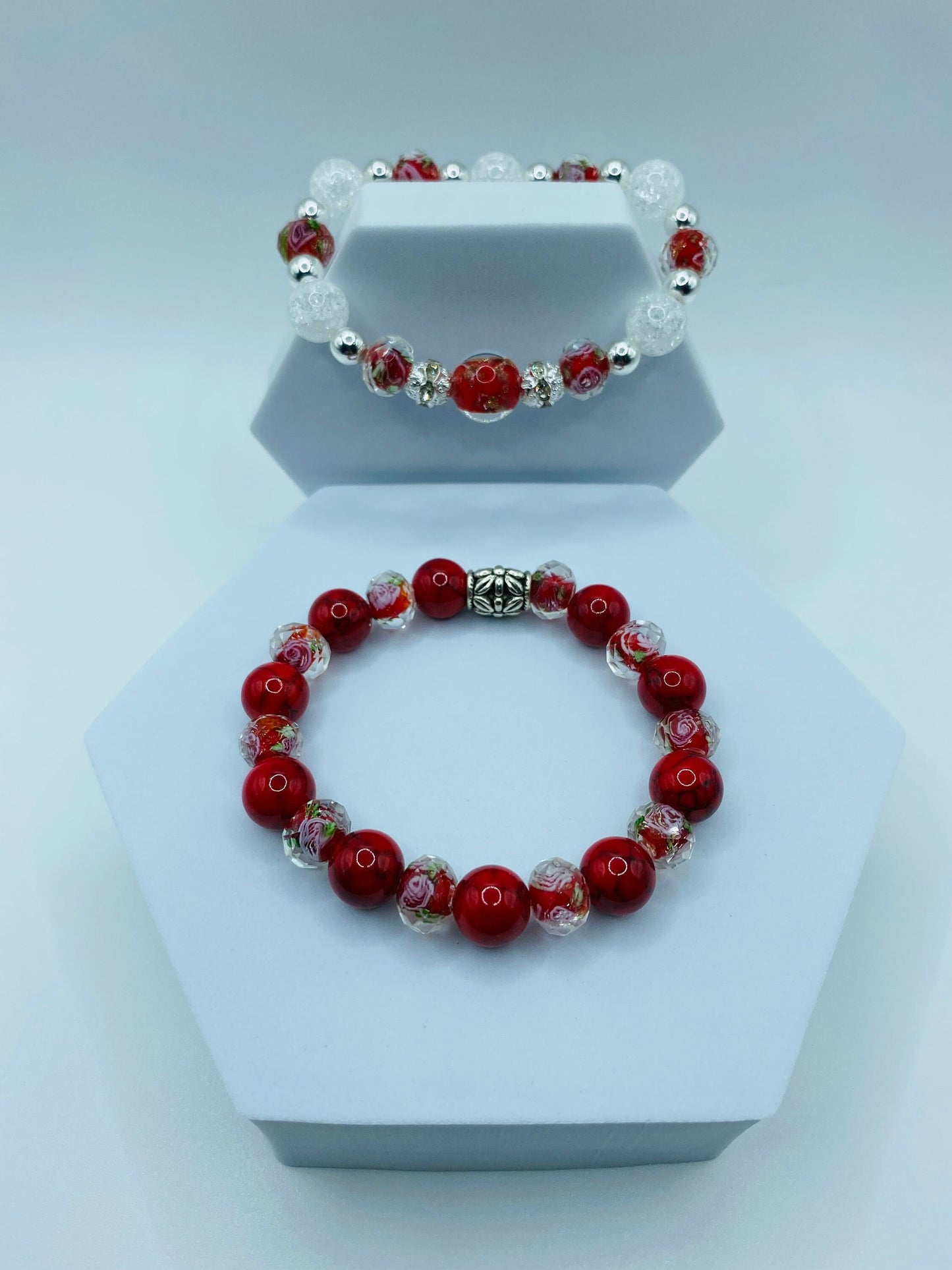 Red Turquoise Bracelet: Bohemian Lampwork Floral Glass Bead Jewelry