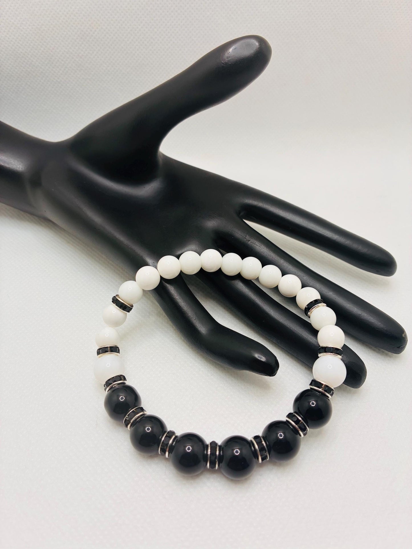 Onyx Gemstone Beaded Bracelet: Black & White Rhinestone Handmade Jewelry
