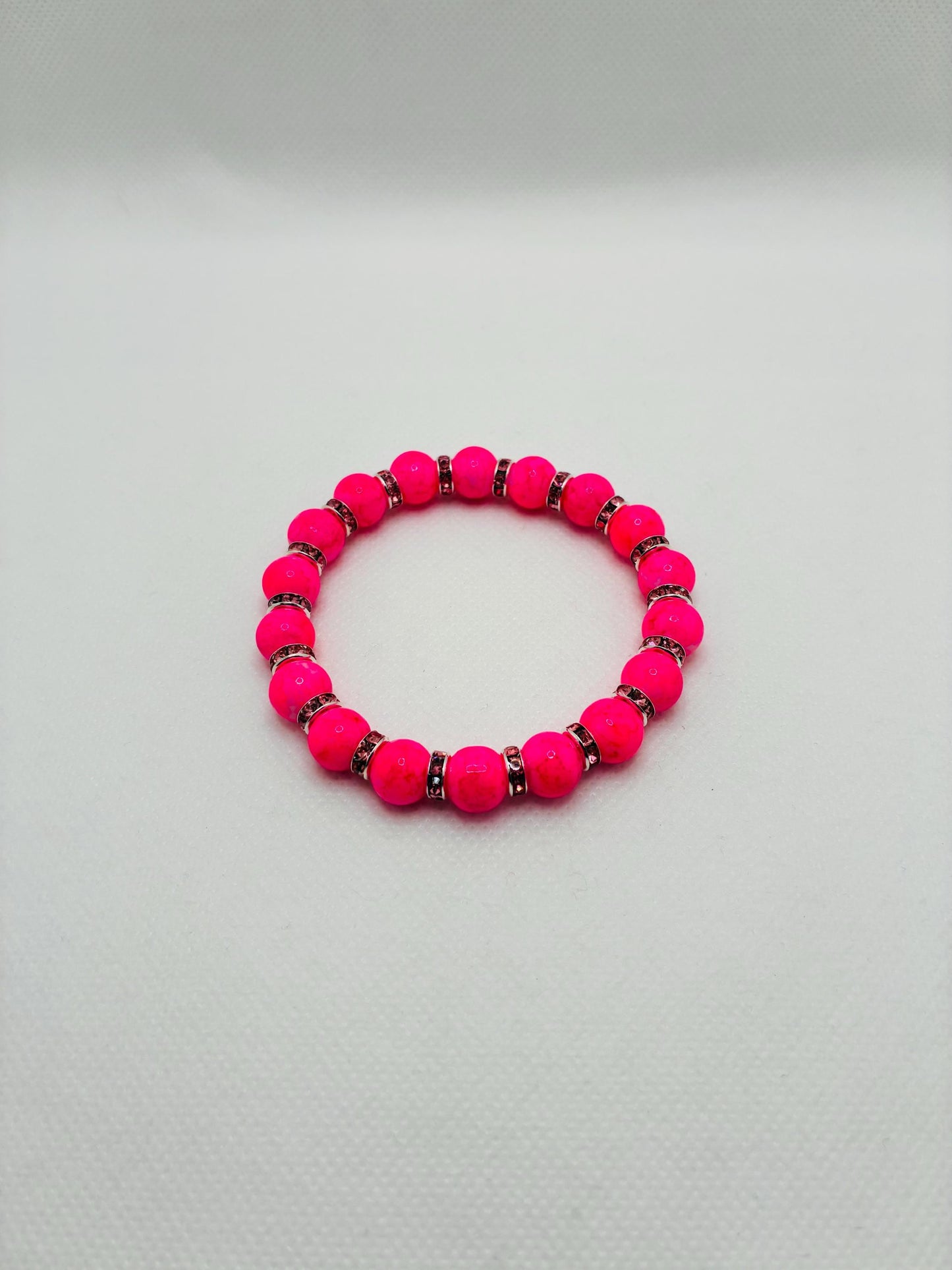 Hot Pink Crystal Glass Bead Bracelet with Silverplated Pink Rhinestone Rondelles
