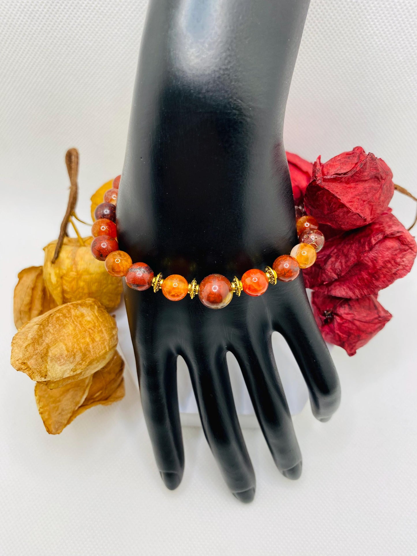 Mens Red Jasper Beaded Bracelet: Agate Gemstone, Tibetan Jewelry