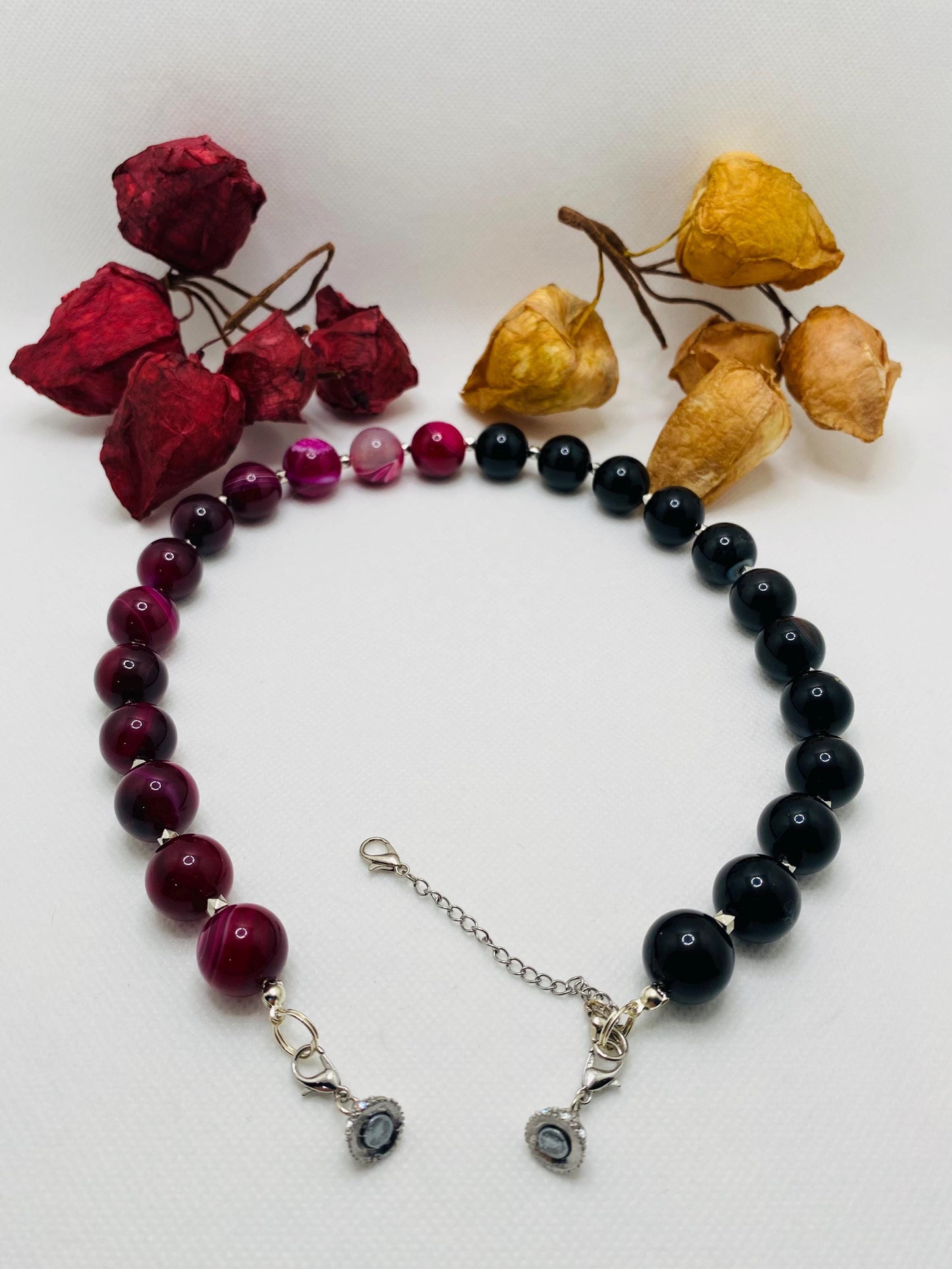 Handmade Black Obsidian & Plum Agate Gemstone Necklace