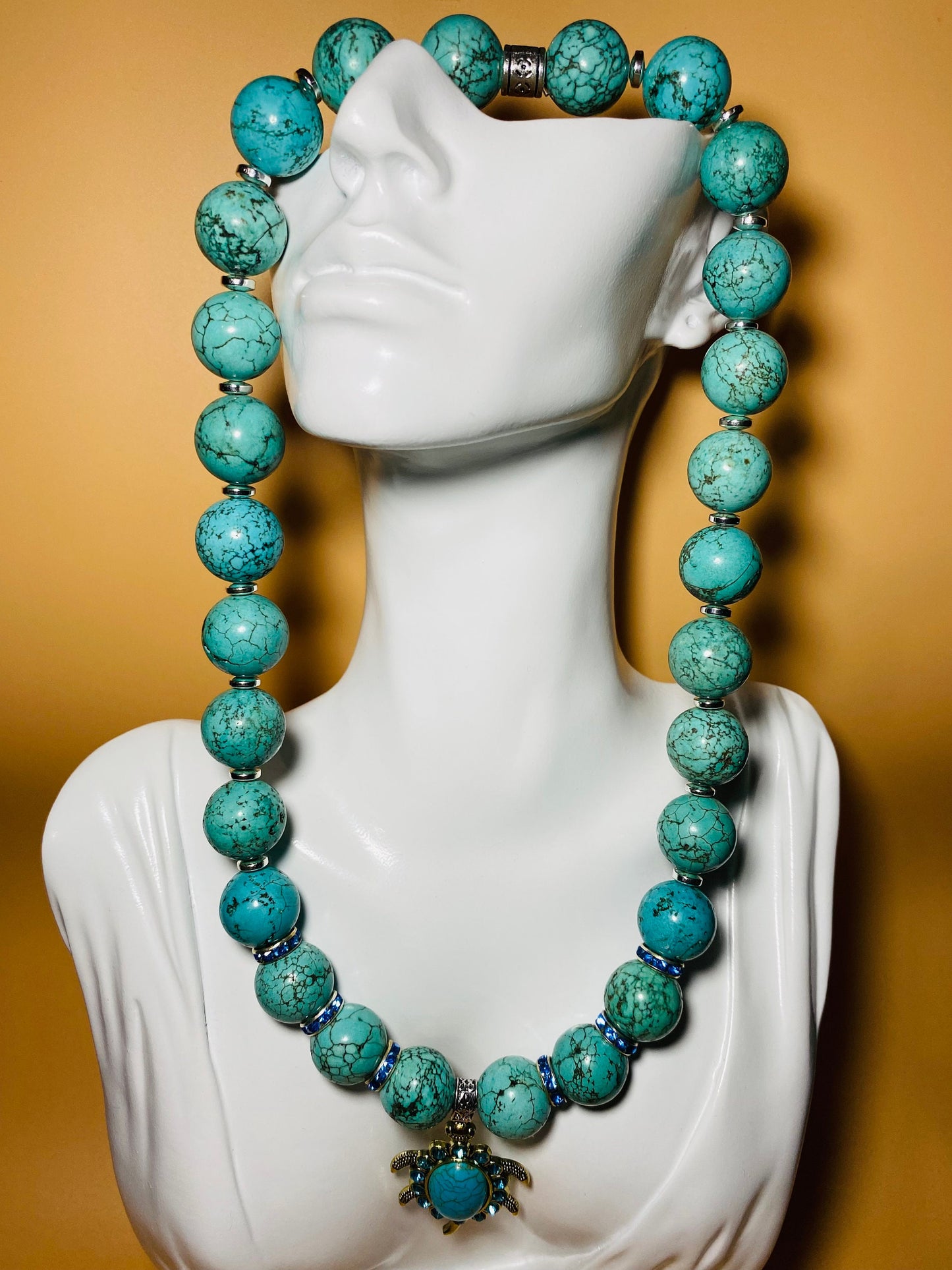 Turquoise Sea Turtle Necklace: Rhinestone Pendant, Boho Jewelry