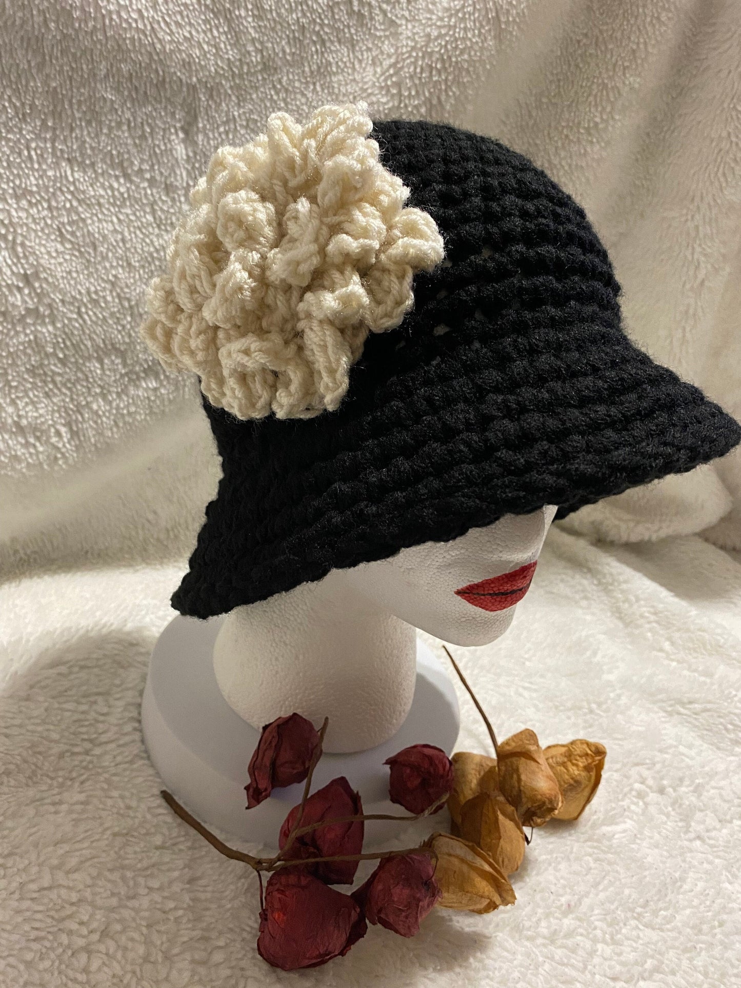 Black Crochet Bucket Hat: White Flower Accent, Handmade Acrylic