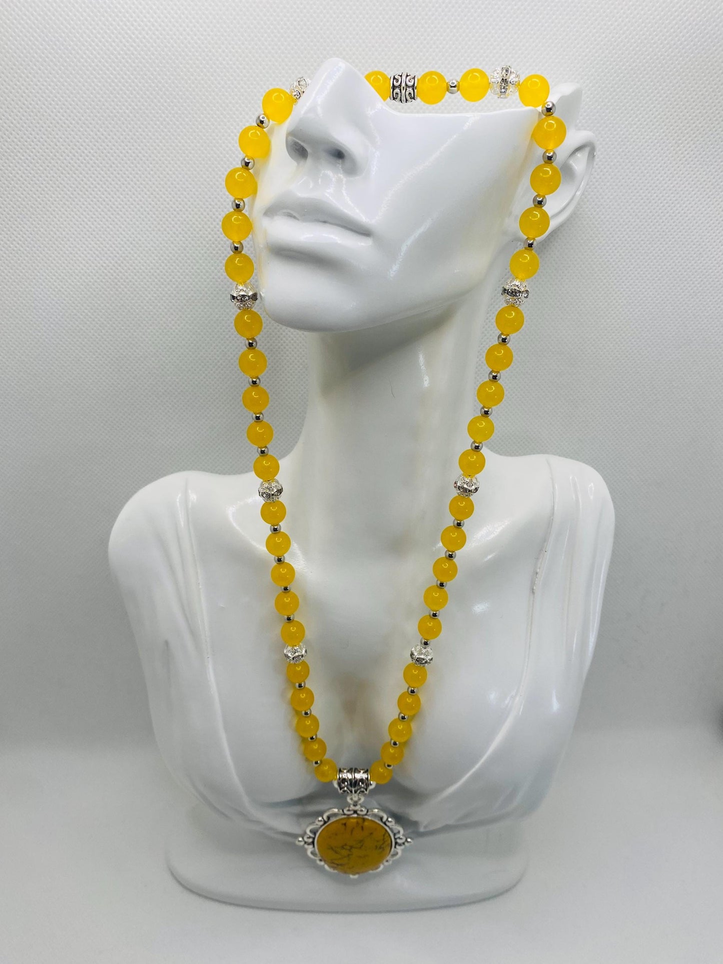 Jade Necklace for Women with Silver Hematite Gemstone Beads & Turquoise Pendant, Gifts for Her