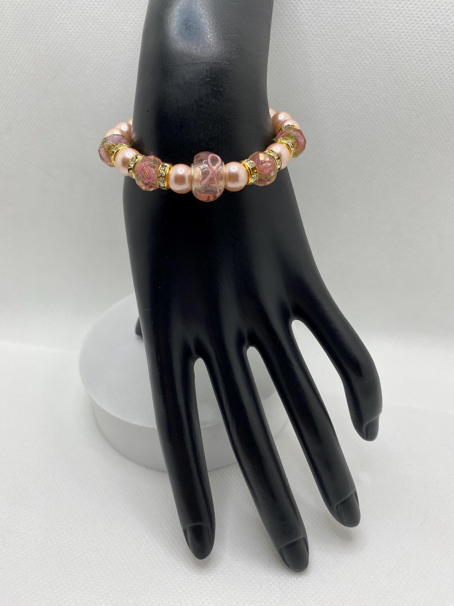 Pink Lampwork Glass & Mother of Pearl Bracelet: Rhinestone Rondelles