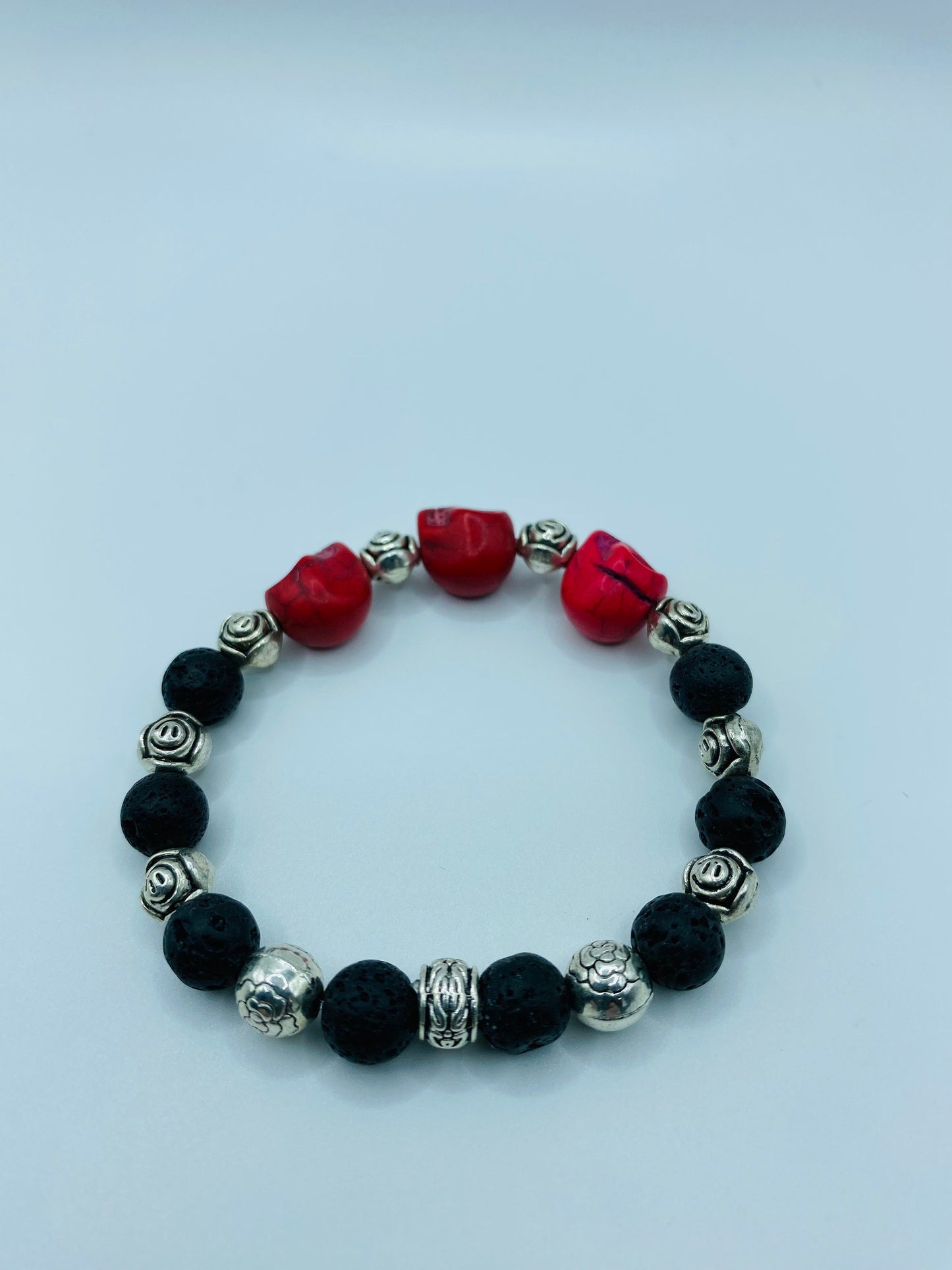 Day of the Dead Lava Rock Bracelet, Red Skull Beads & Metal flowers - Dia de Los Muertos - Gifts for Her