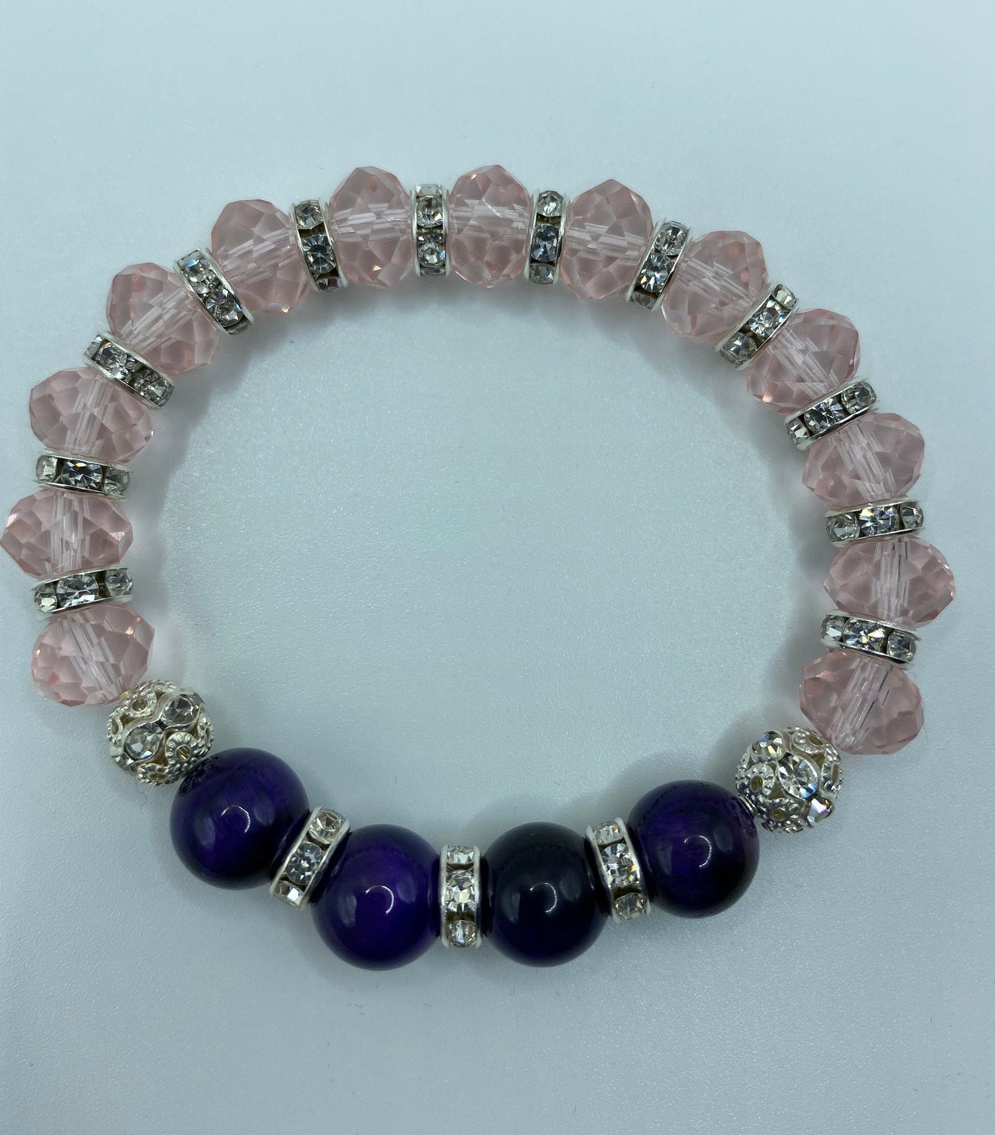 Handmade Purple Tiger's Eye Bracelet: Pink Crystal & Rhinestone Beads