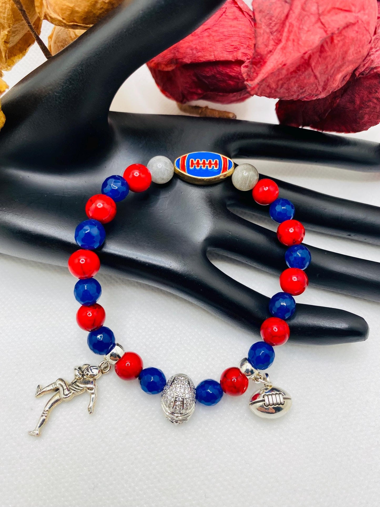 New York Giants Gemstone Charm Bracelet: Football Fan Gift