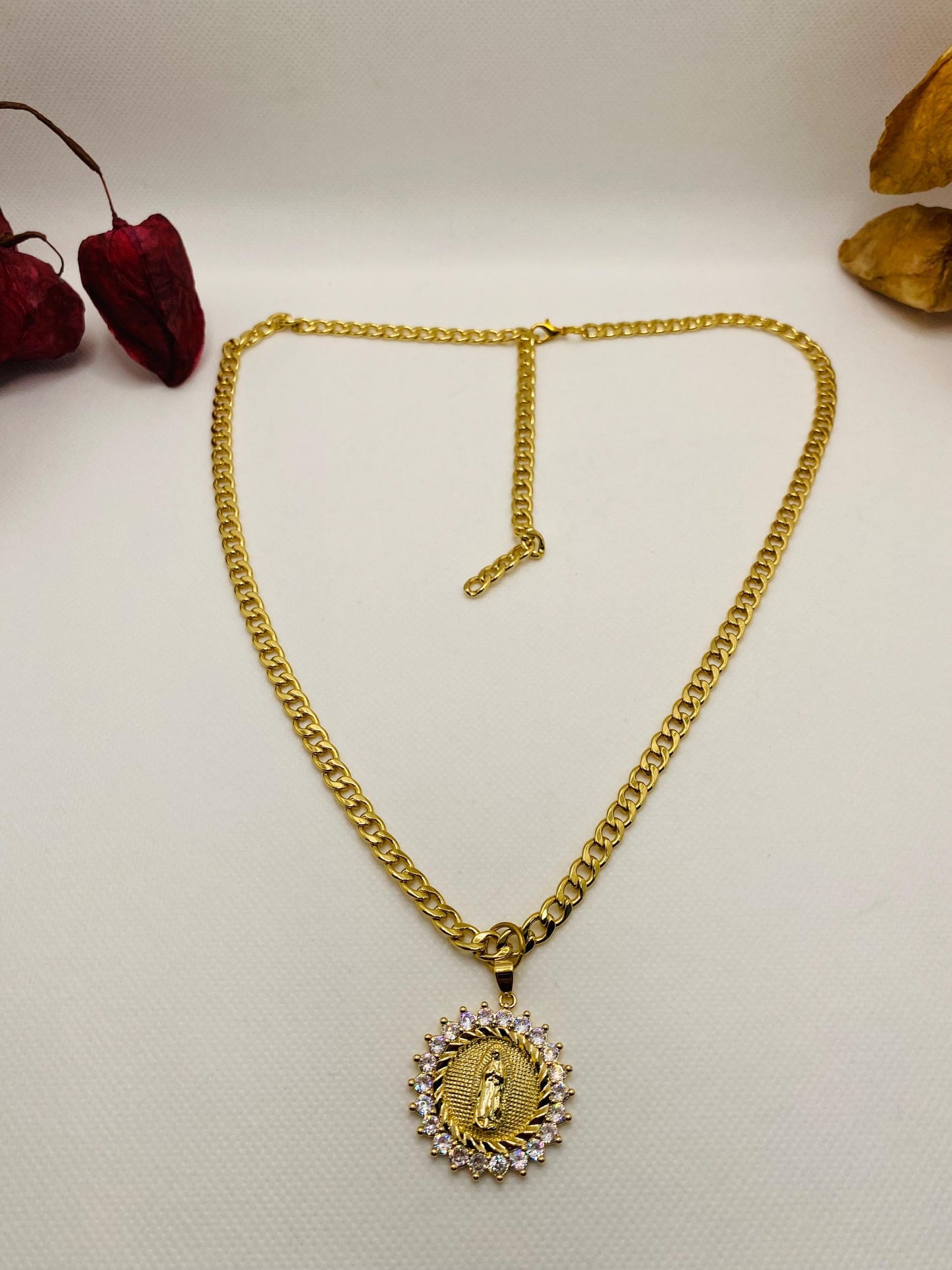 Virgin Mary Necklace: Gold Cuban Link Chain, Religious Jewelry
