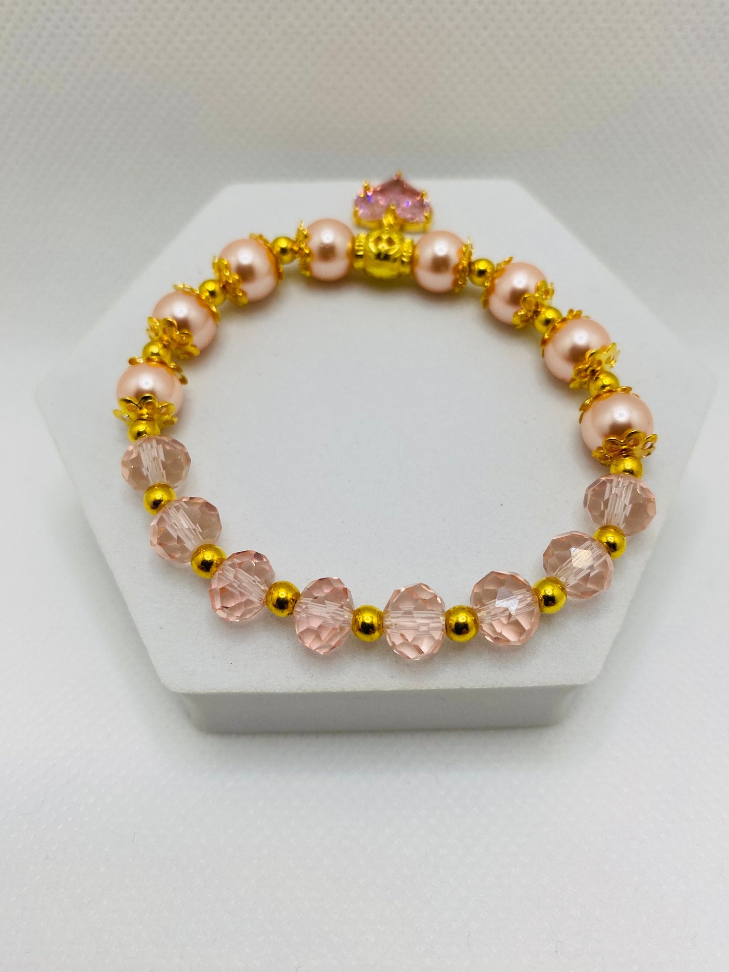 Mother of Pearl Bracelet: Pink Crystal Heart & Glass Beads, 18k Gold Accents