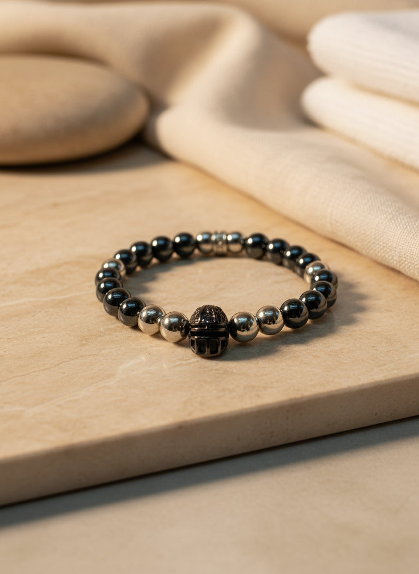 Las Vegas Raiders Mens Bracelet - Hematite Gemstone Beads and Football Helmet - Bracelets for Women