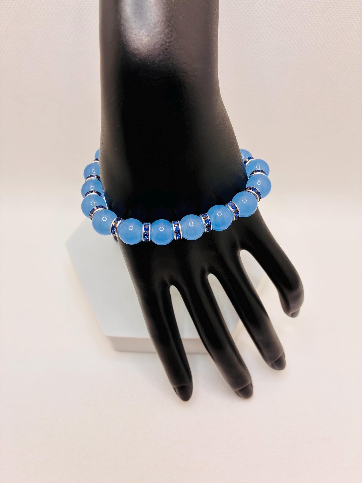 Aquamarine Blue Chalcedony Gemstone Bracelet with Blue Rhinestone Rondelles