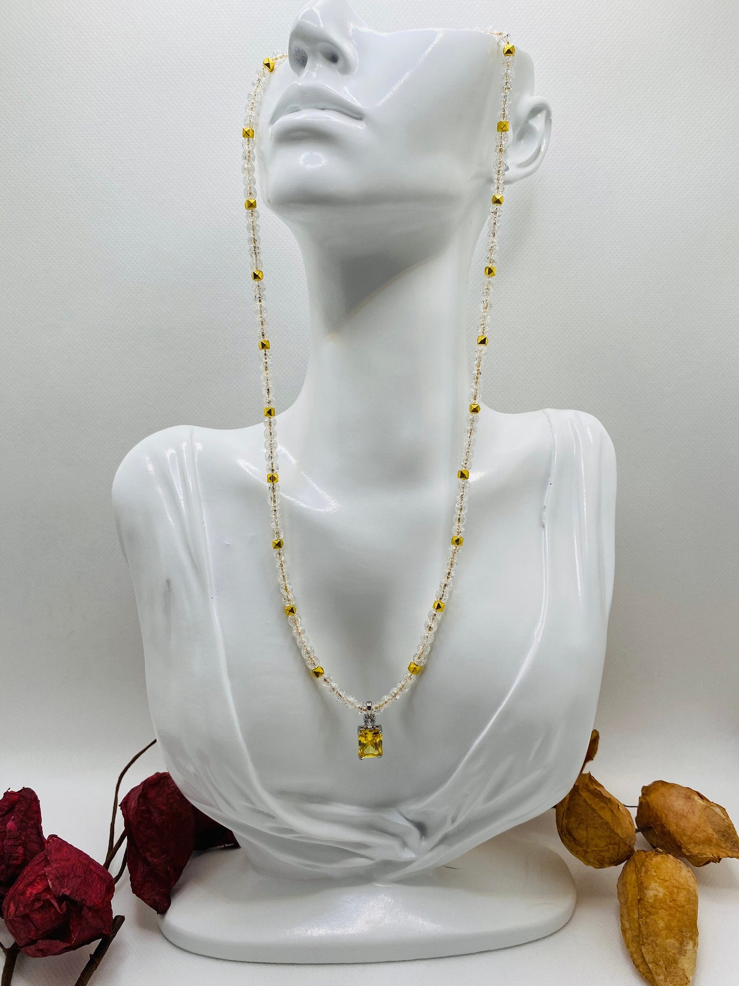 Citrine Pendant Necklace: 14k Gold Chain, Quartz Crystal Beads