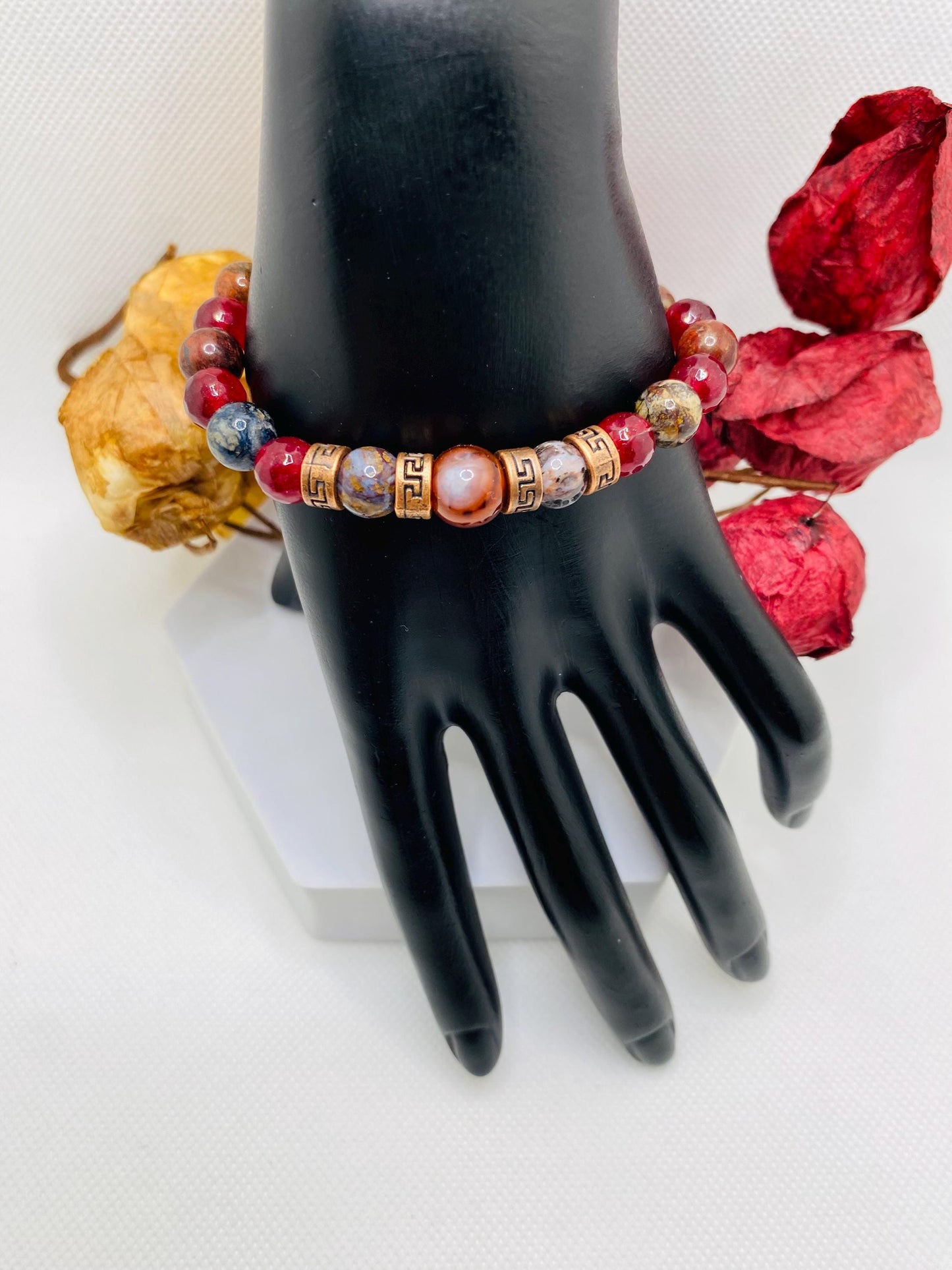 Carnelian Bracelet: Natural Pietersite, Agate, and Tibetan Spacers