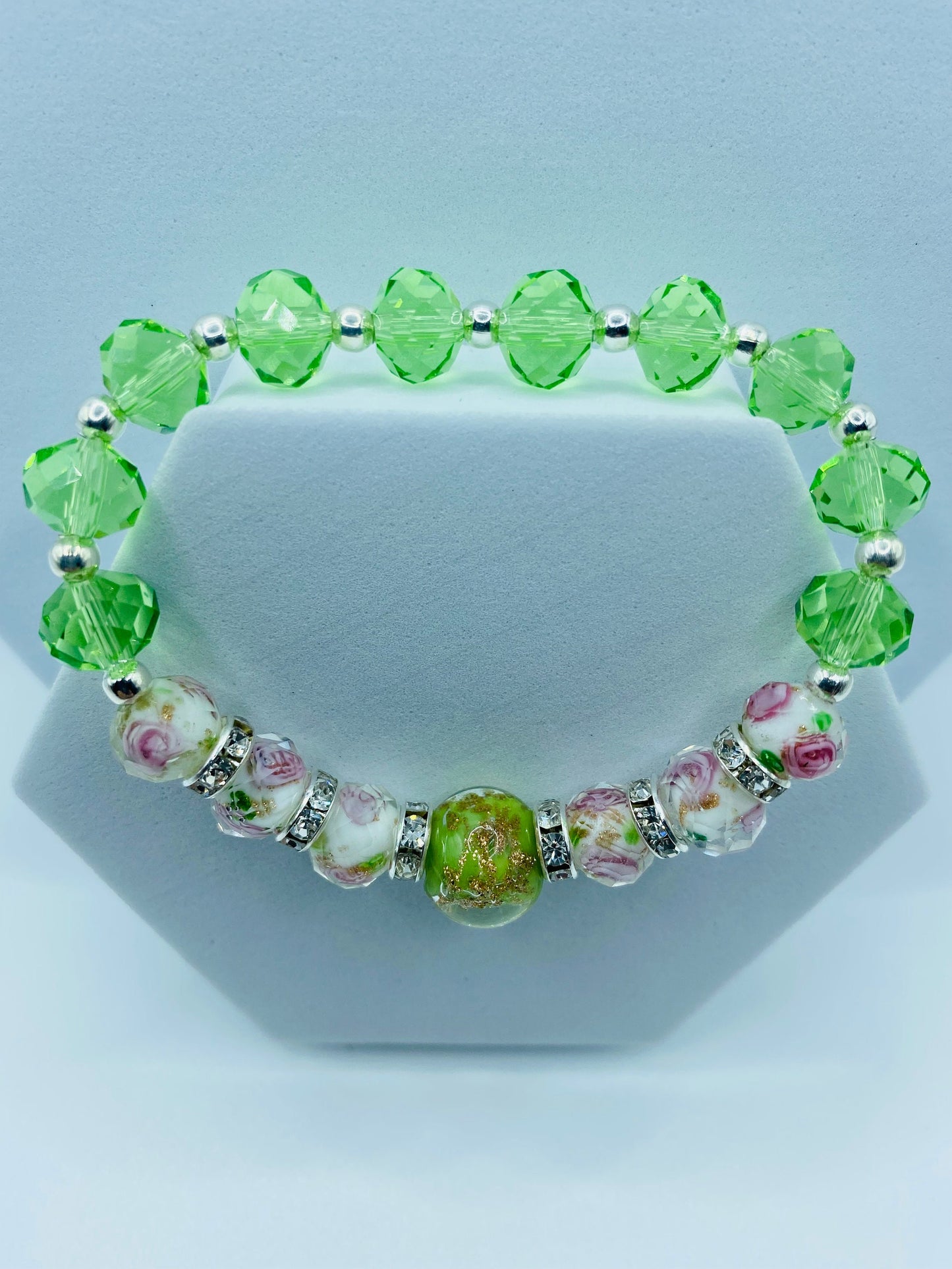 Lampwork Floral Crystal Bracelet: Green Glass Bead Handmade Jewelry