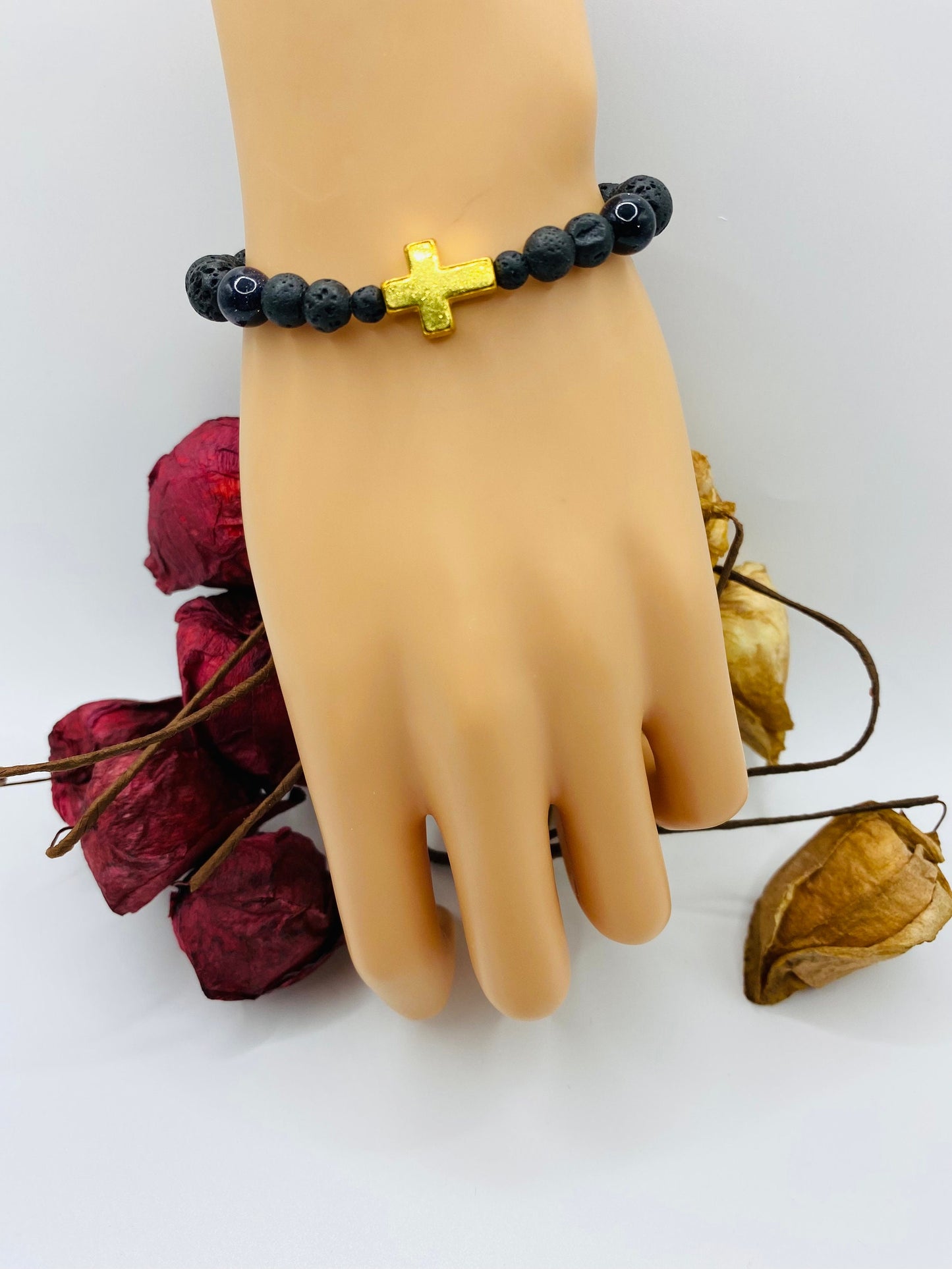 Gold Cross Lava Rock Bracelet: Black Onyx Gemstone Beads