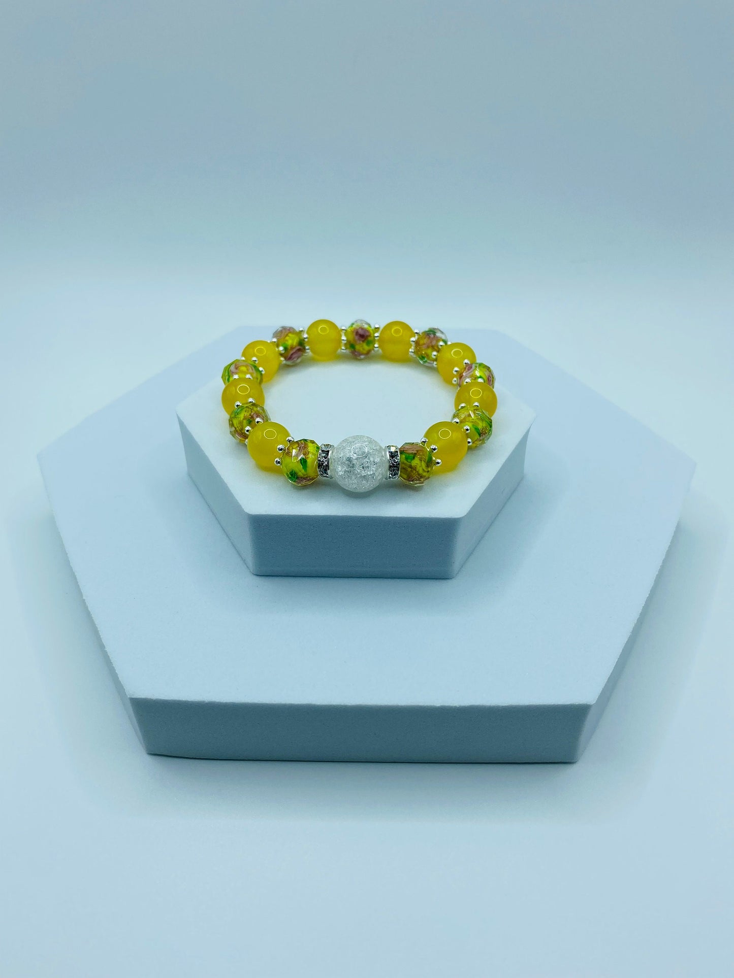 Summer Jewelry for Women with Yellow Agate & Lampwork Glass Beads, Quartz Crystal Bracelet