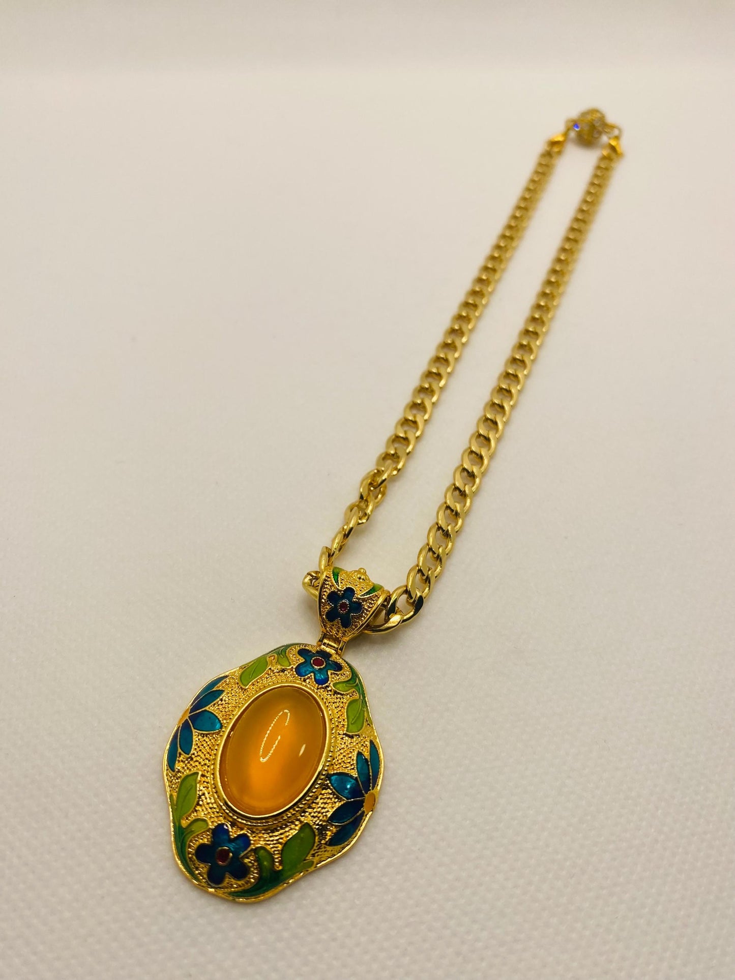 Boho Yellow Agate Pendant Necklace: Gold Plated Cuban Chain