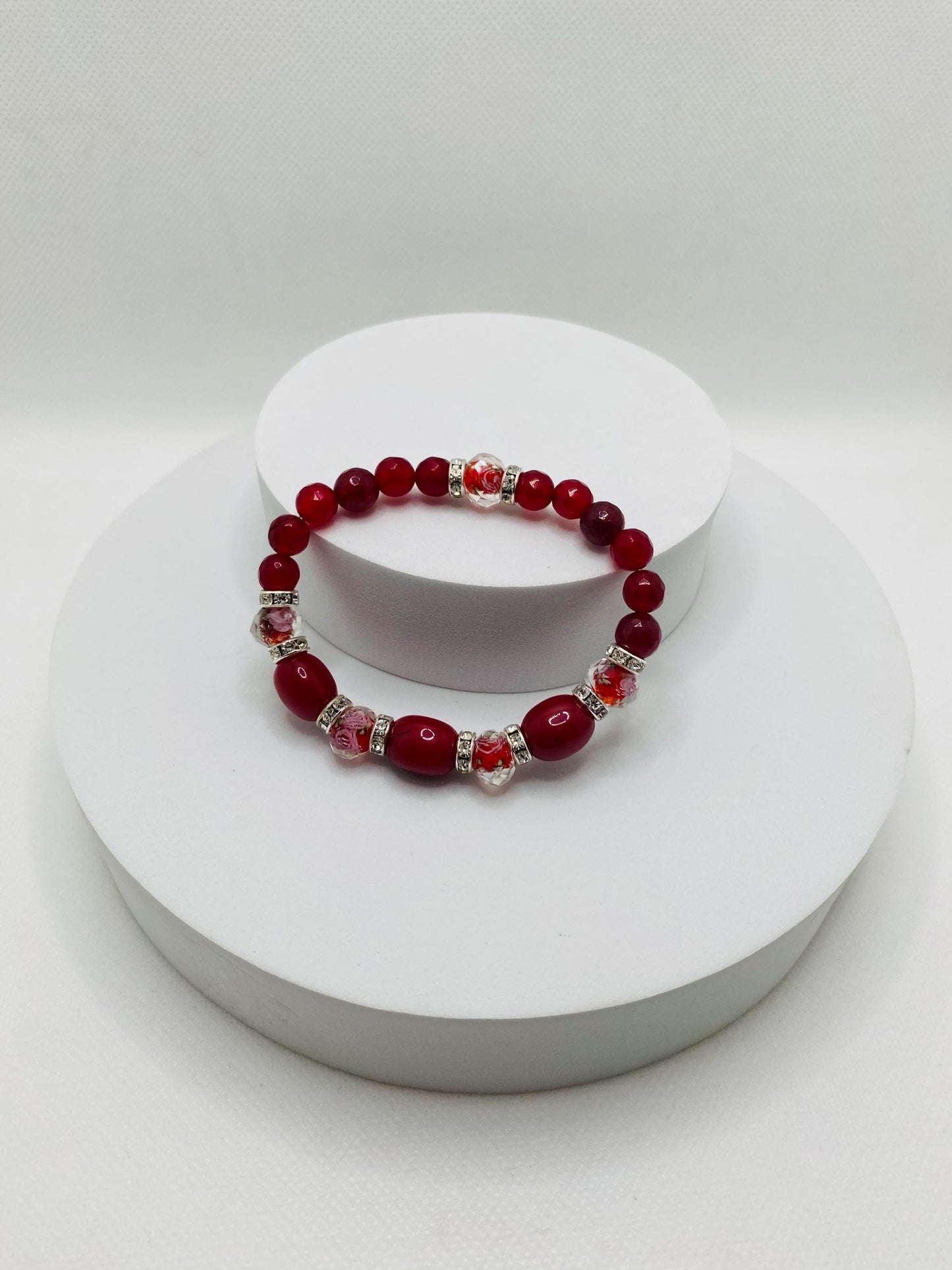 Red Jade Bracelet: Lampwork Glass & Agate Gemstone Beads