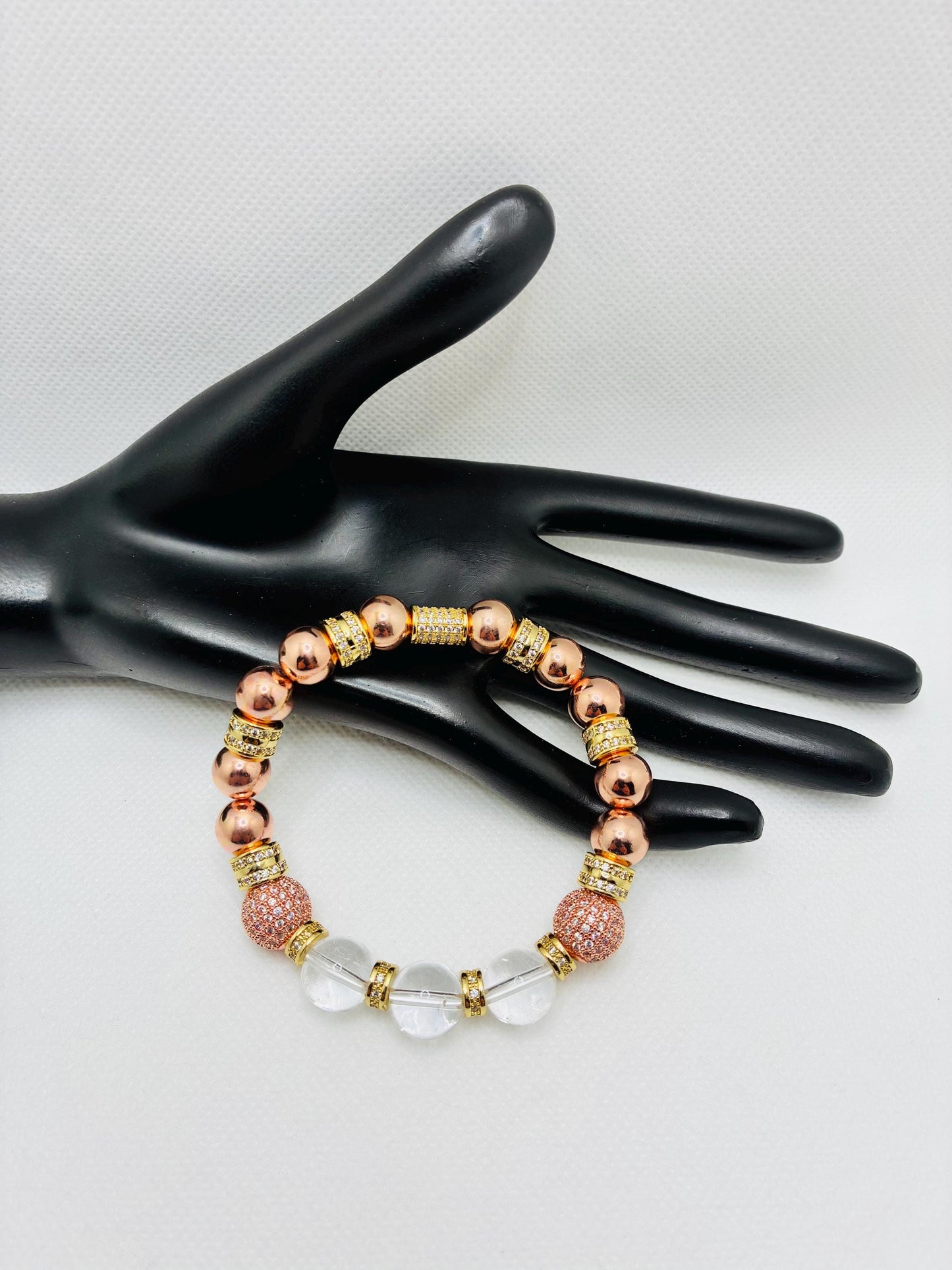 Rose Gold Plated Hematite Bracelet: Clear Quartz & Cubic Zirconia Beads