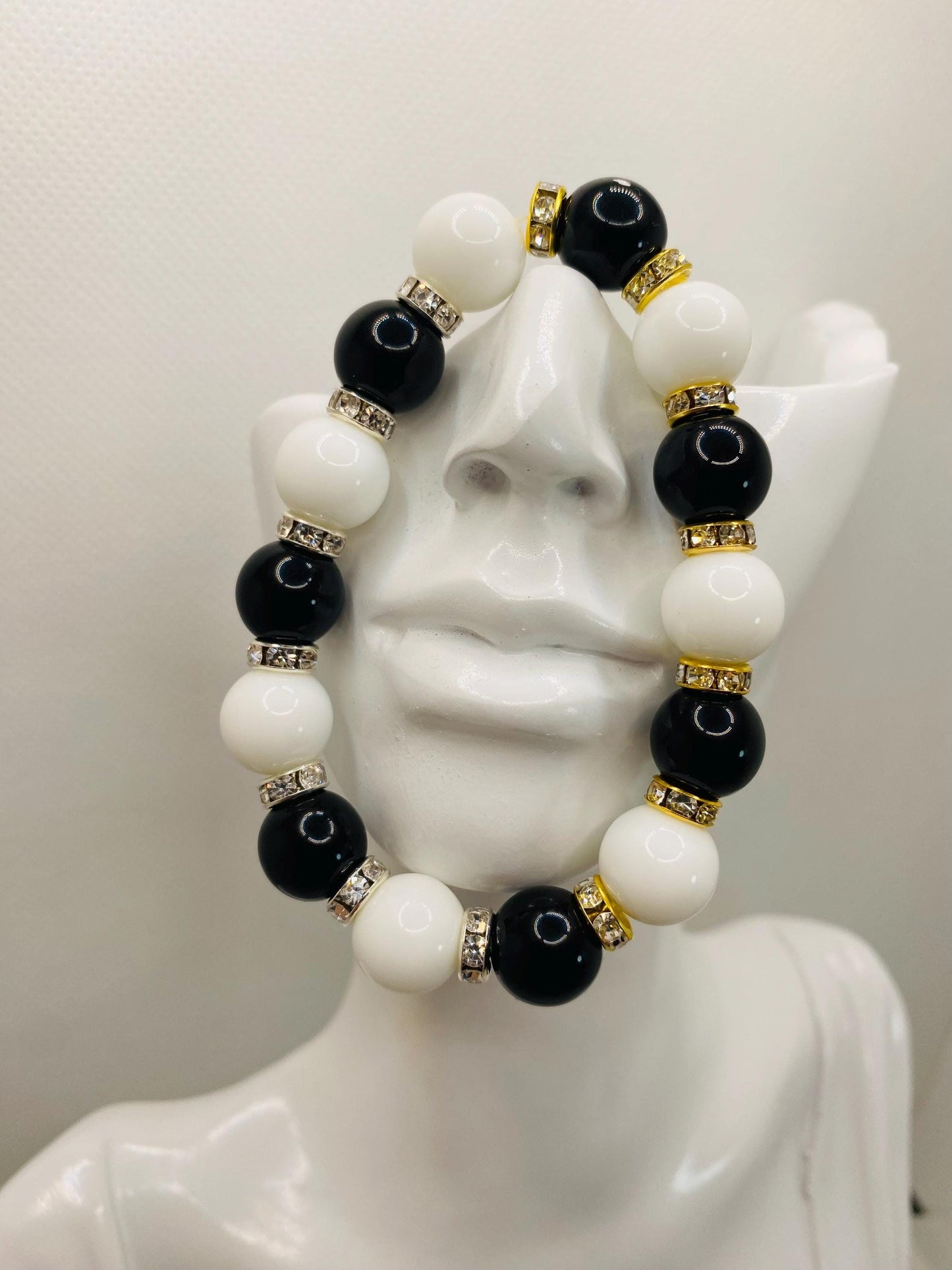 Onyx Gemstone Beaded Bracelet: Black & White Handmade Jewelry