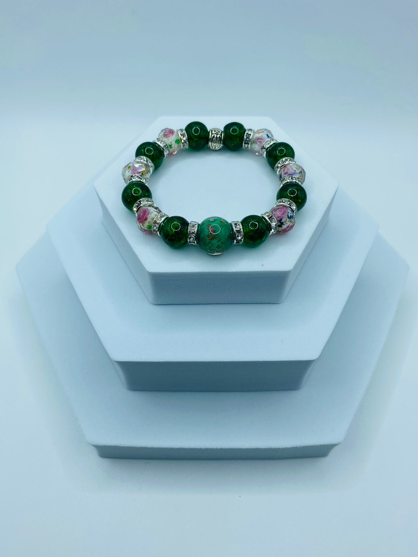 Lampwork Flower Bead Bracelet: Green Crystal, Rhinestone Accent