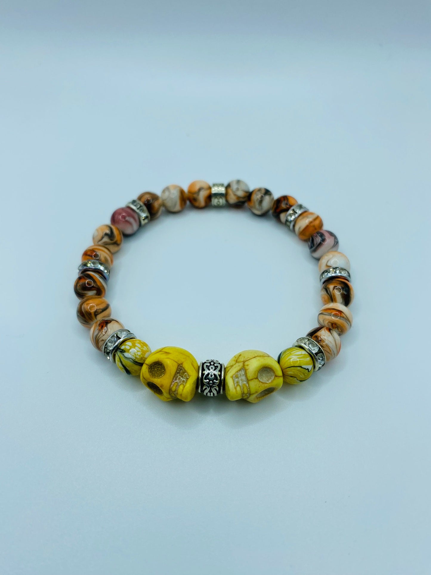 Dia de Los Muertos Skull Bracelet: Turquoise Skull Beads, Rhinestone Spacers