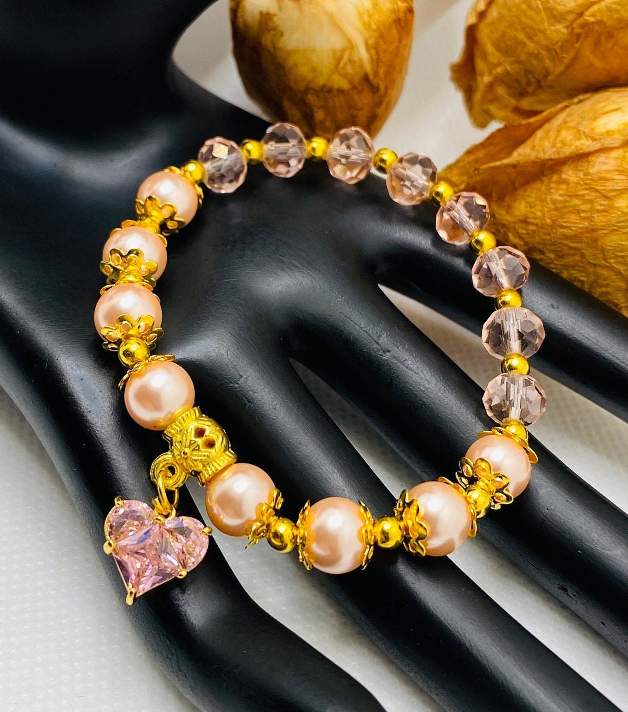 Mother of Pearl Bracelet: Pink Crystal Heart & Glass Beads, 18k Gold Accents