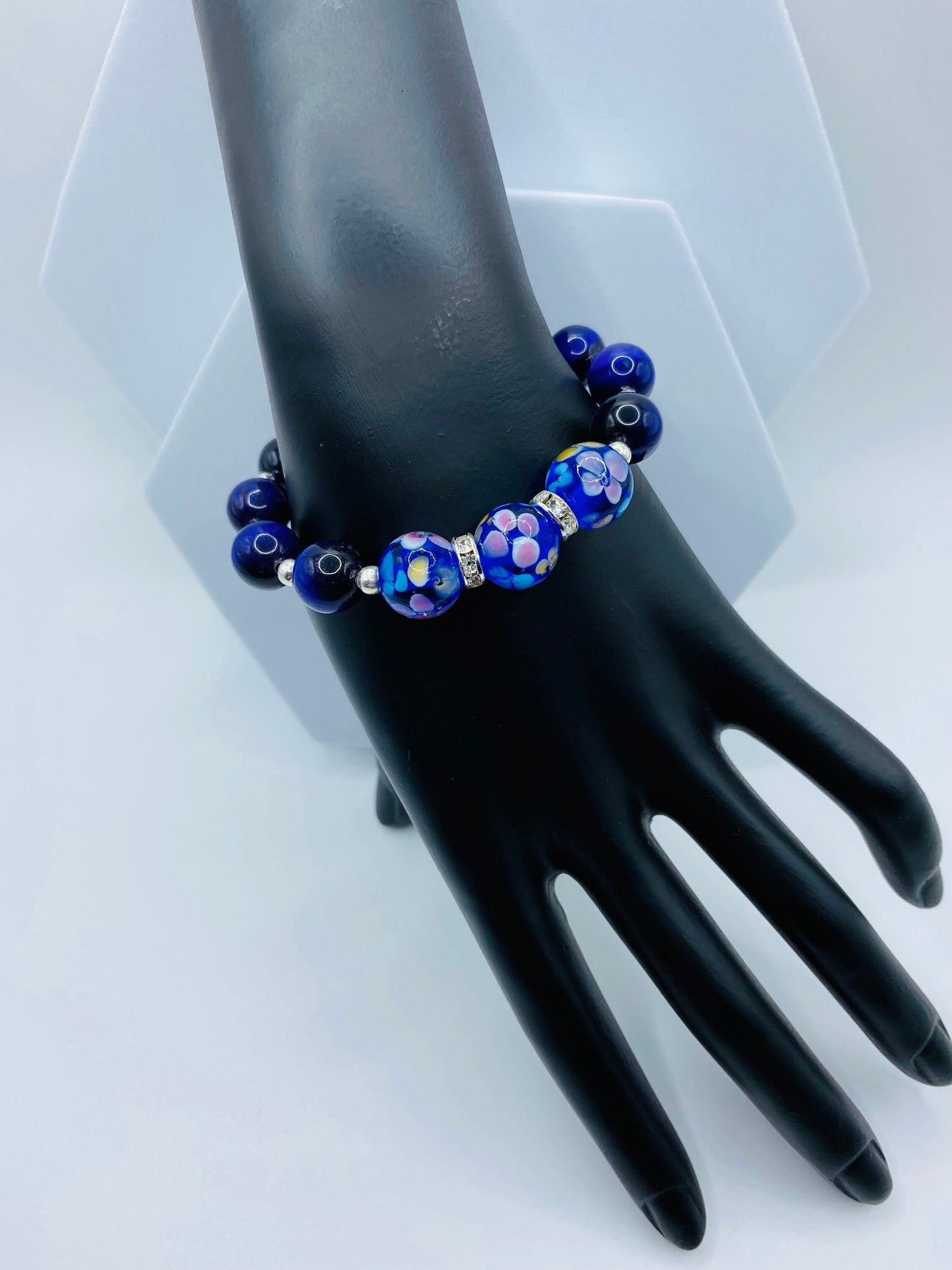 Blue Floral Lampwork Glass Bead Bracelet: Tigers Eye & Hematite