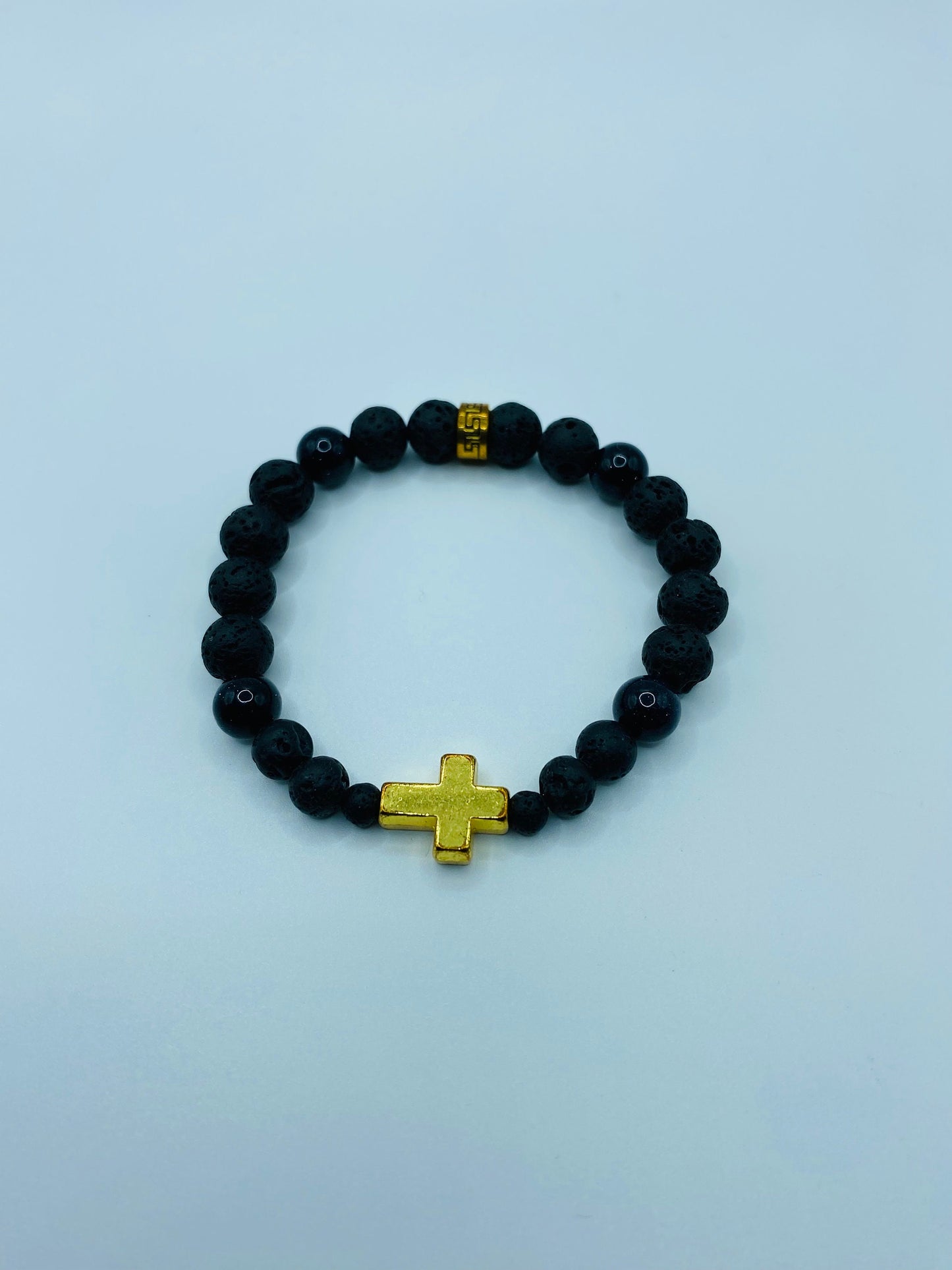 Gold Cross Lava Rock Bracelet: Black Onyx Gemstone Beads