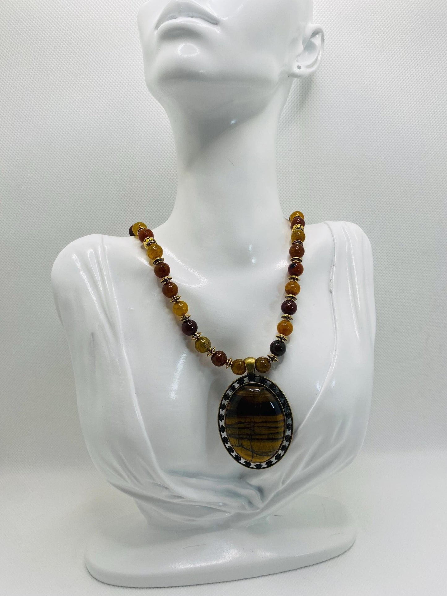 Tigers Eye & Dragon Vein Agate Necklace: Tibetan Style Gemstone Jewelry