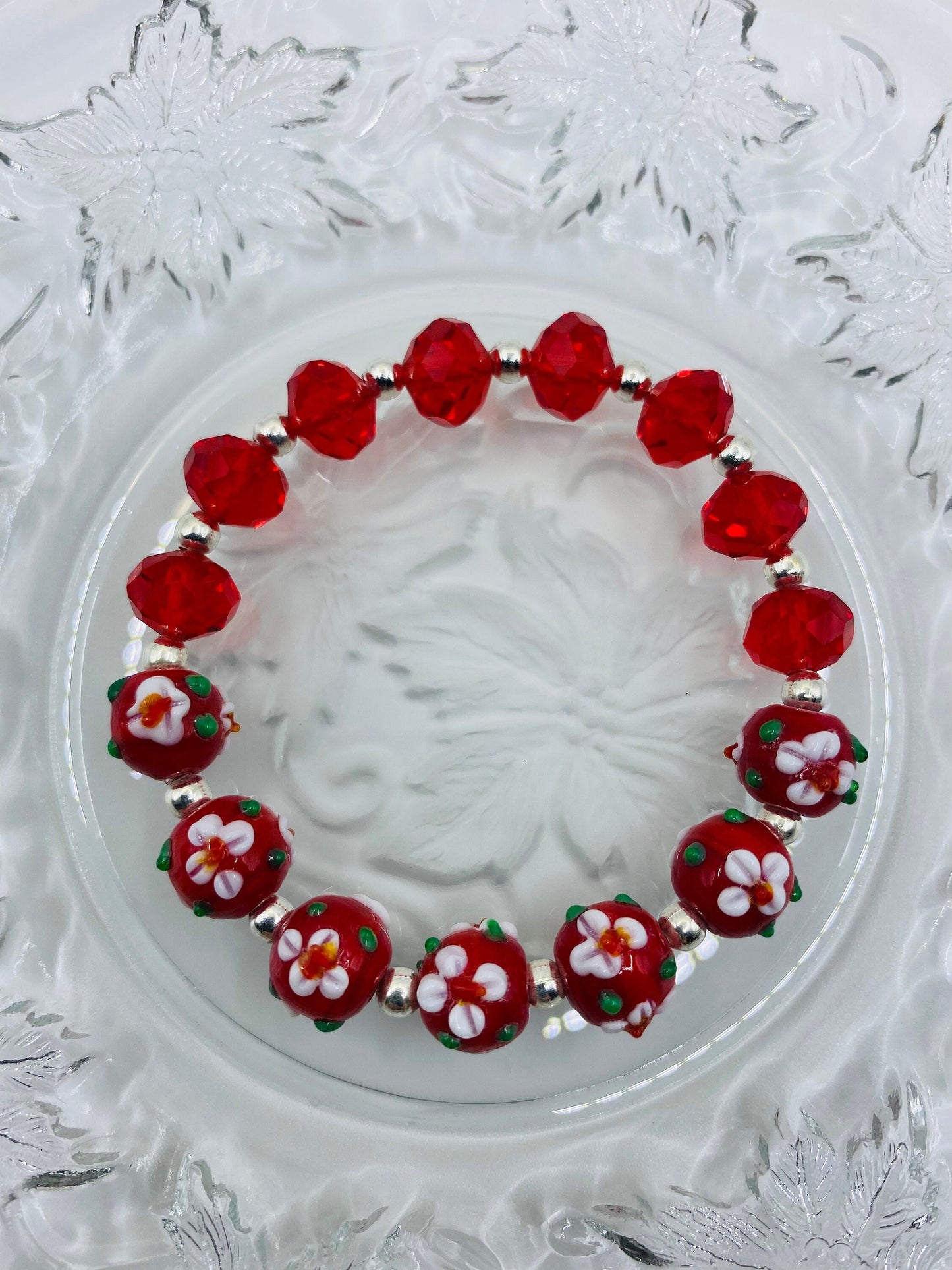 Red Floral Lampwork Glass Bead Bracelet: Red Crystal Handmade Jewelry