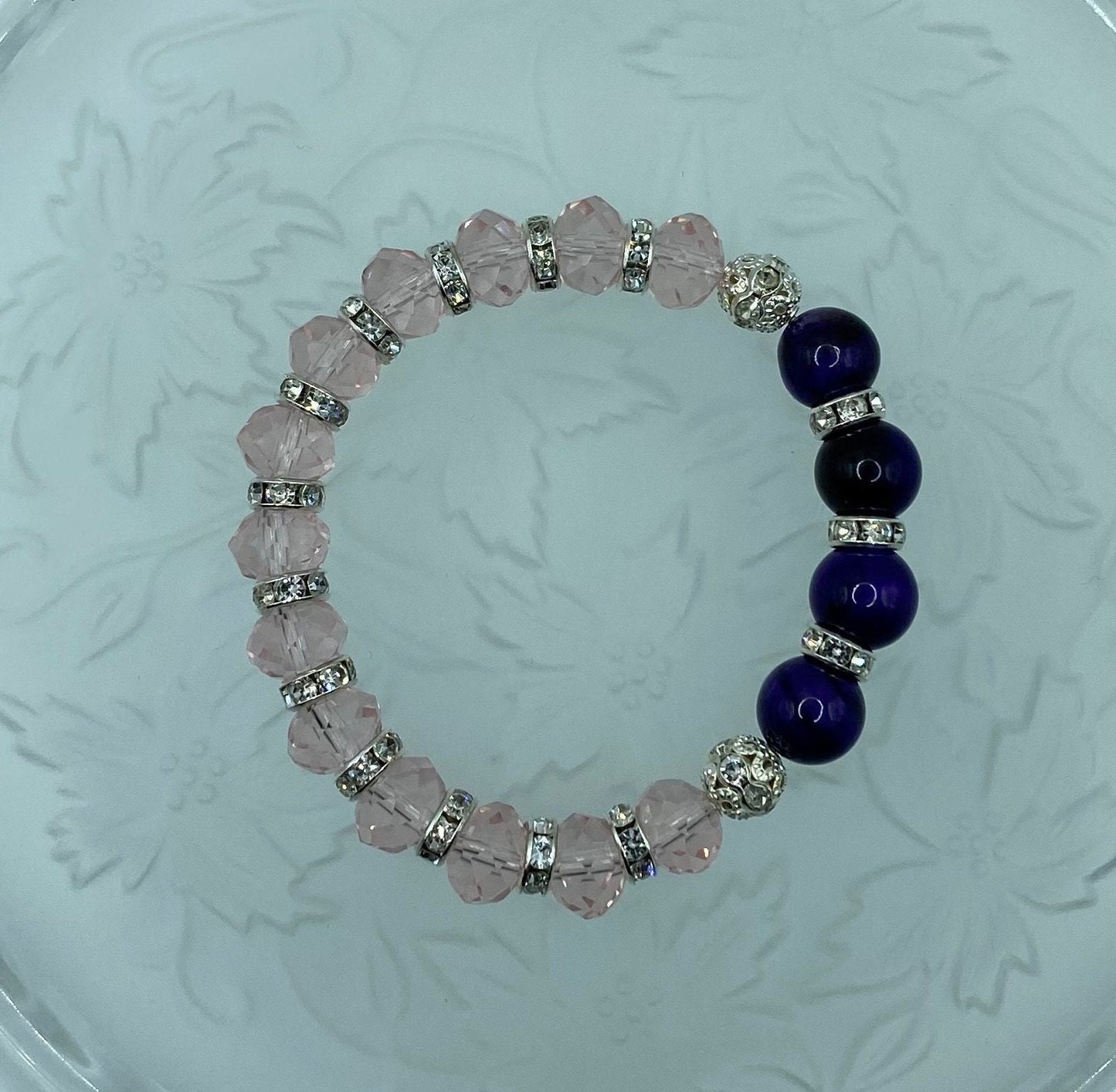 Handmade Purple Tiger's Eye Bracelet: Pink Crystal & Rhinestone Beads
