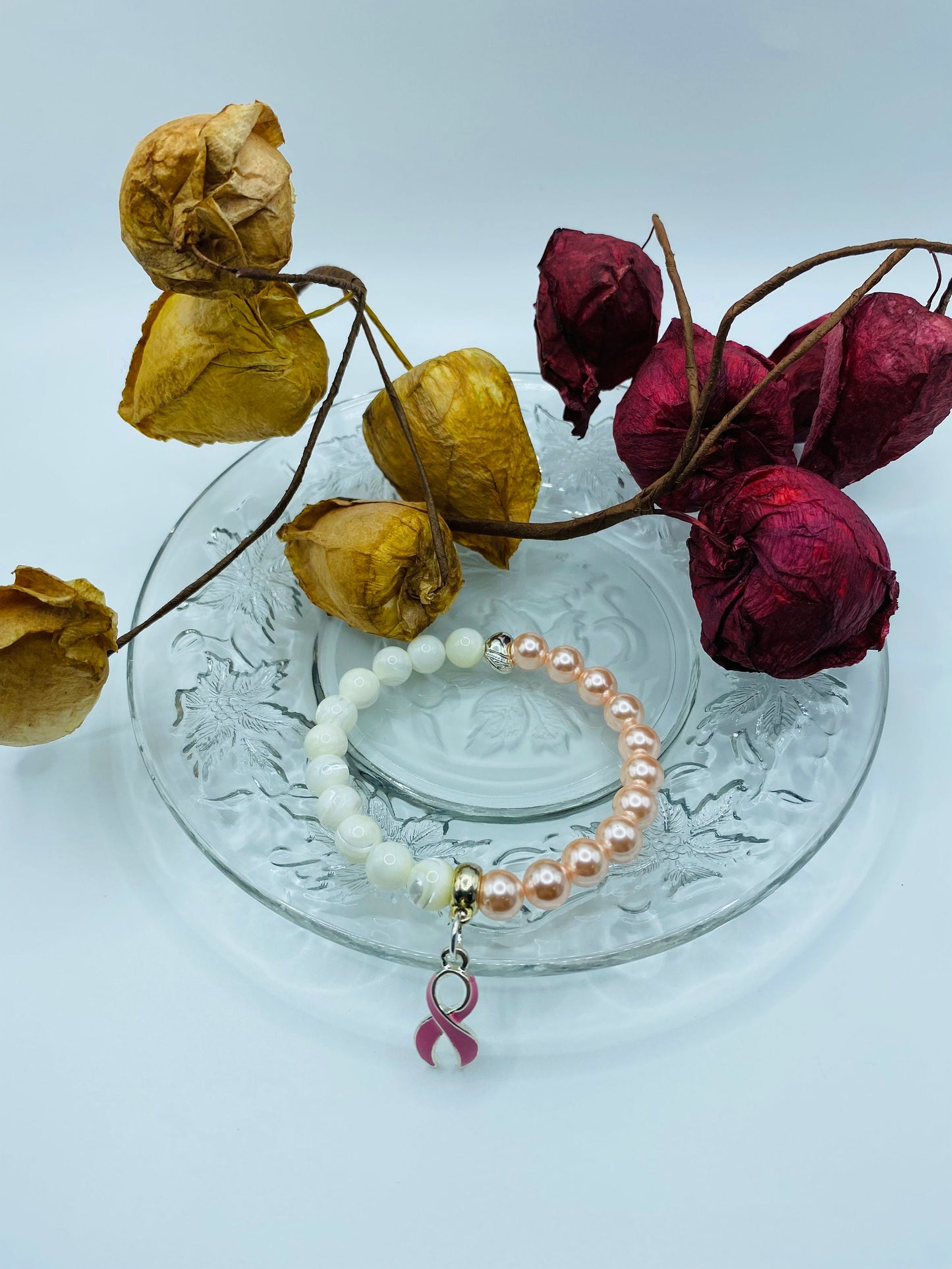 Mother of Pearl Breast Cancer Awareness Bracelet with Pink Ribbon Charm