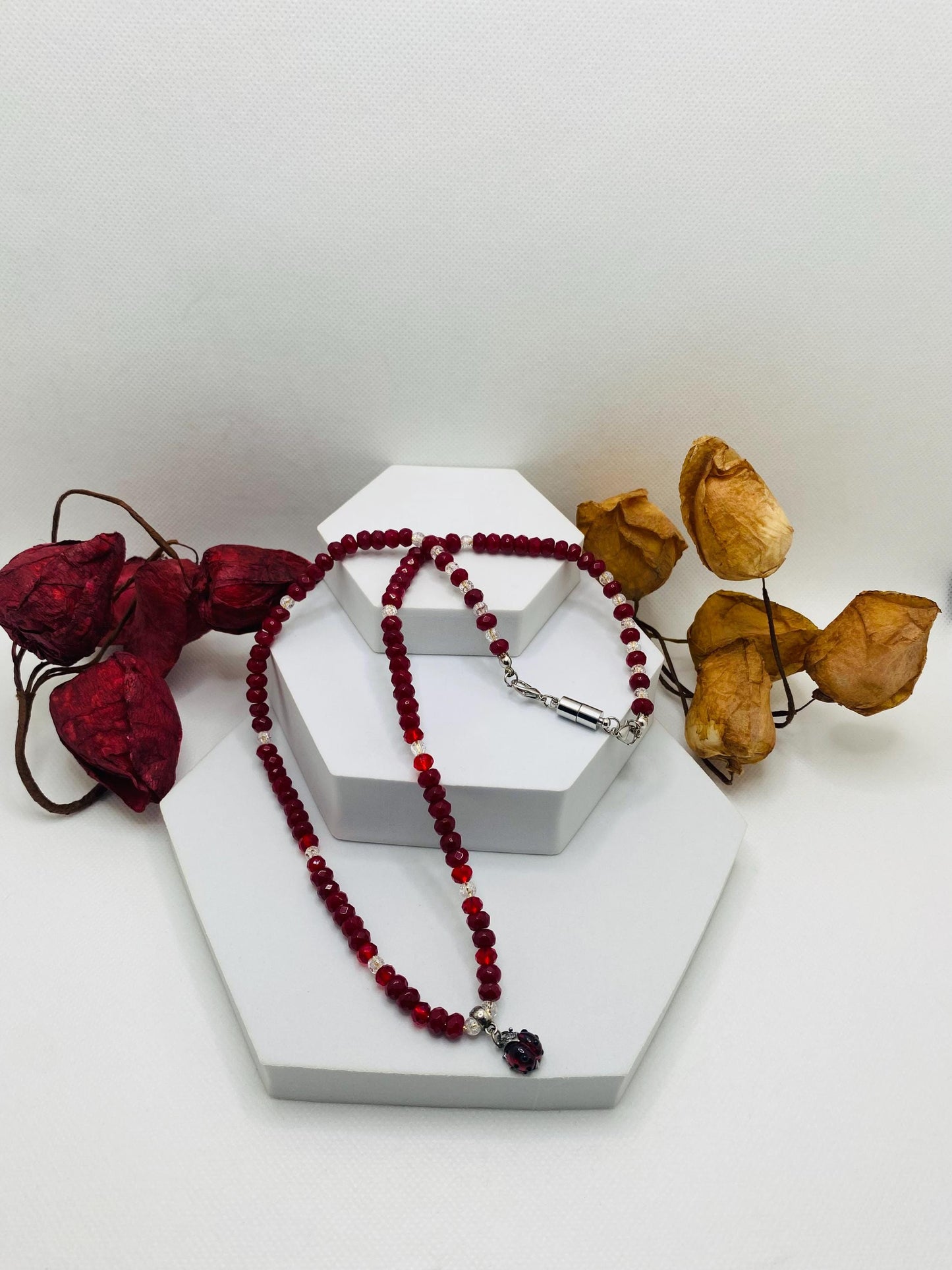Handmade Red Jade Necklace: Ladybug Charm, Crystal Quartz Beads